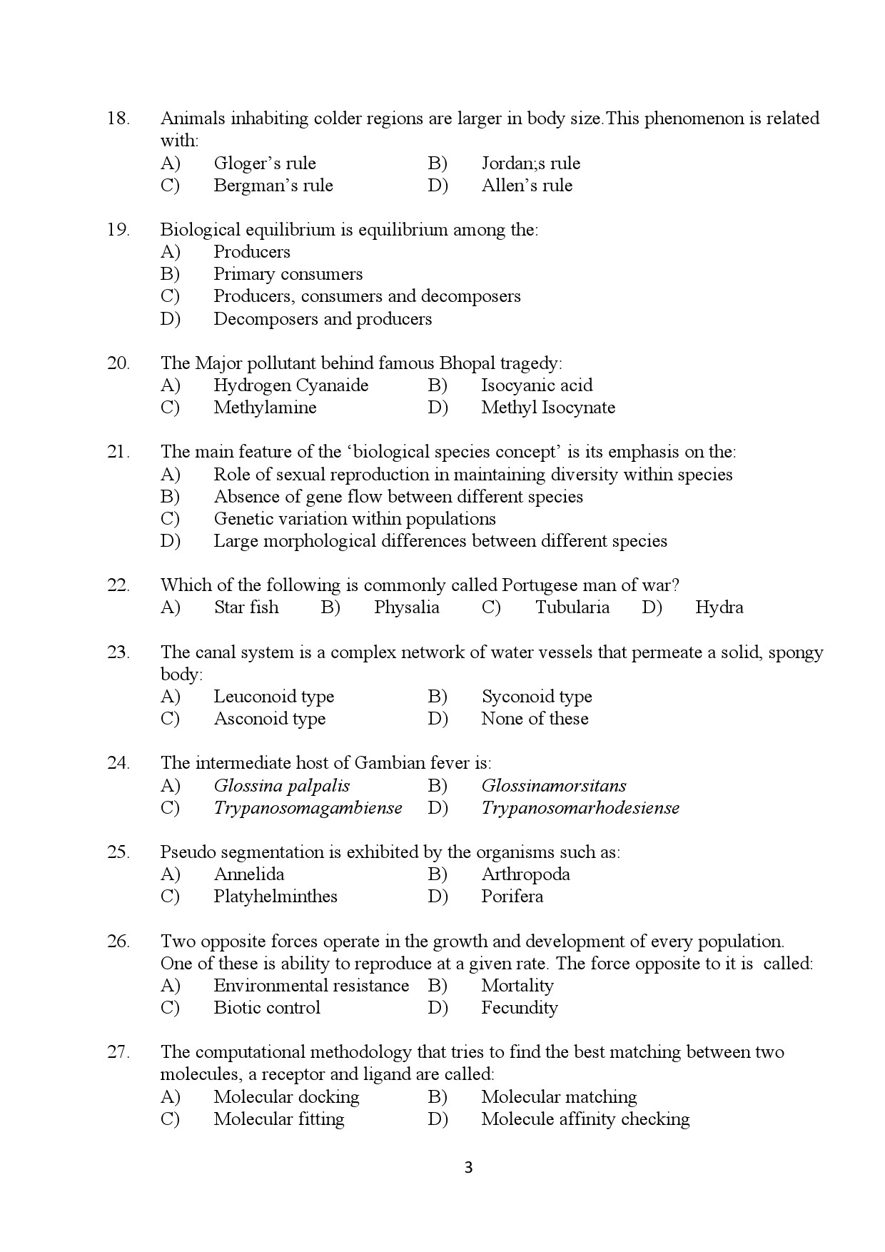 Kerala SET Zoology Exam Question Paper January 2024 3