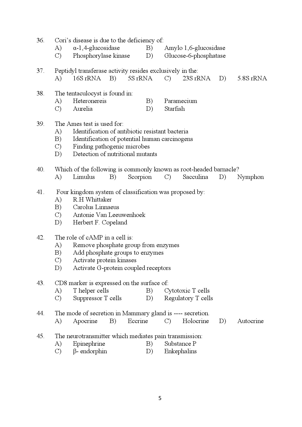 Kerala SET Zoology Exam Question Paper January 2024 5