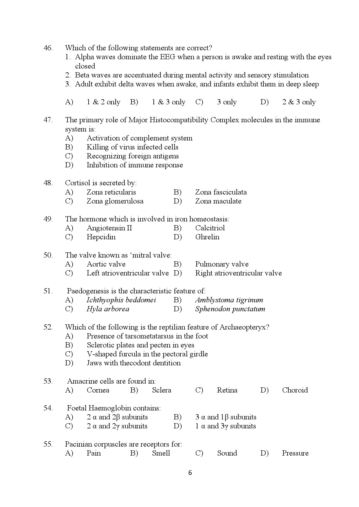 Kerala SET Zoology Exam Question Paper January 2024 6