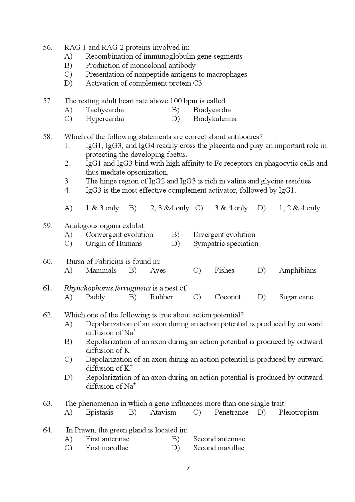 Kerala SET Zoology Exam Question Paper January 2024 7