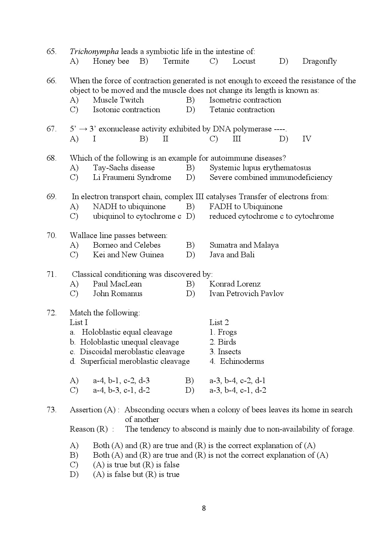 Kerala SET Zoology Exam Question Paper January 2024 8