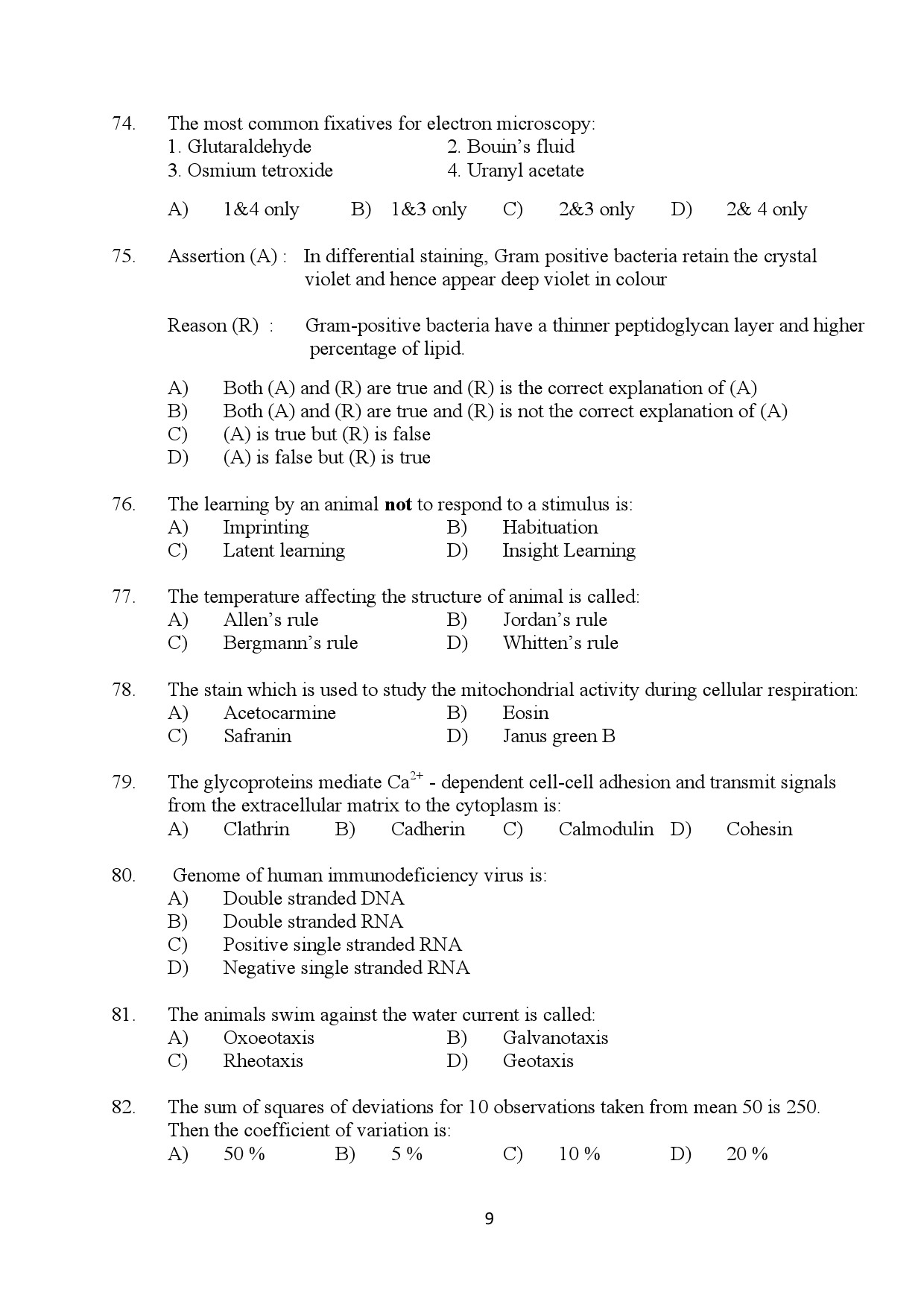 Kerala SET Zoology Exam Question Paper January 2024 9