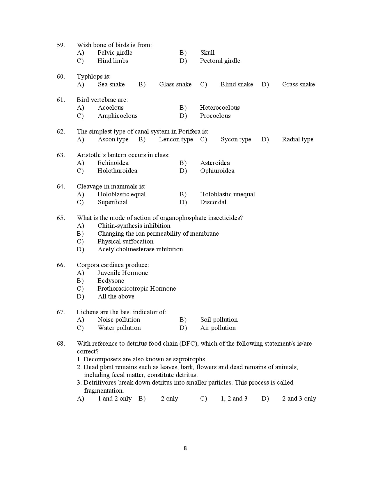 Kerala SET Zoology Exam Question Paper July 2021 8