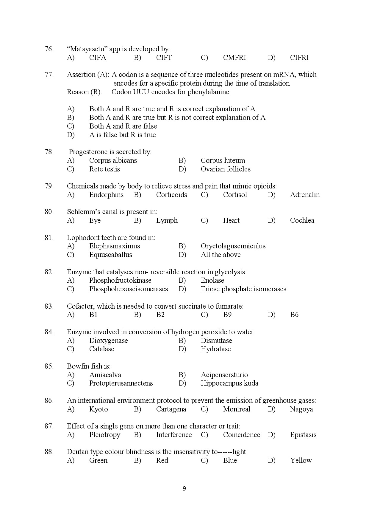Kerala SET Zoology Exam Question Paper July 2022 9