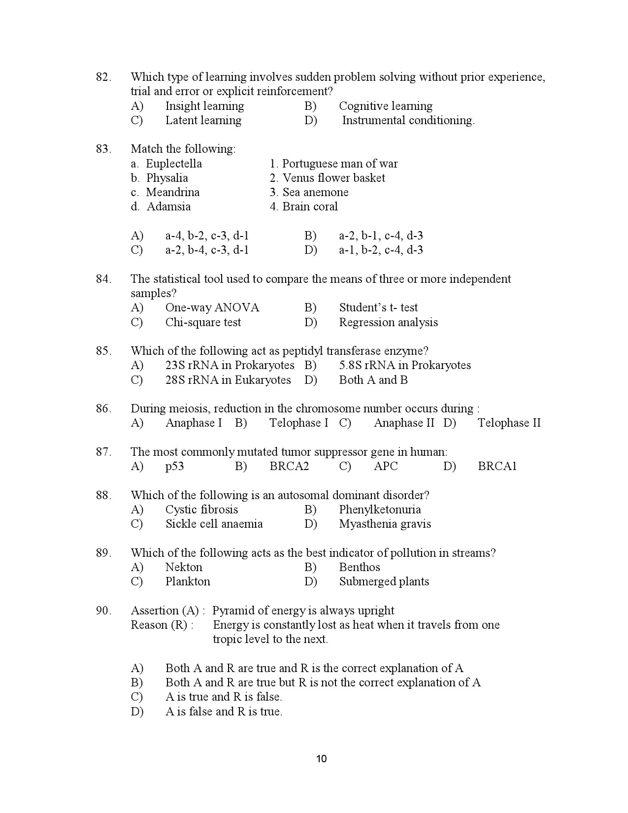 Kerala SET Zoology Exam Question Paper July 2023 10