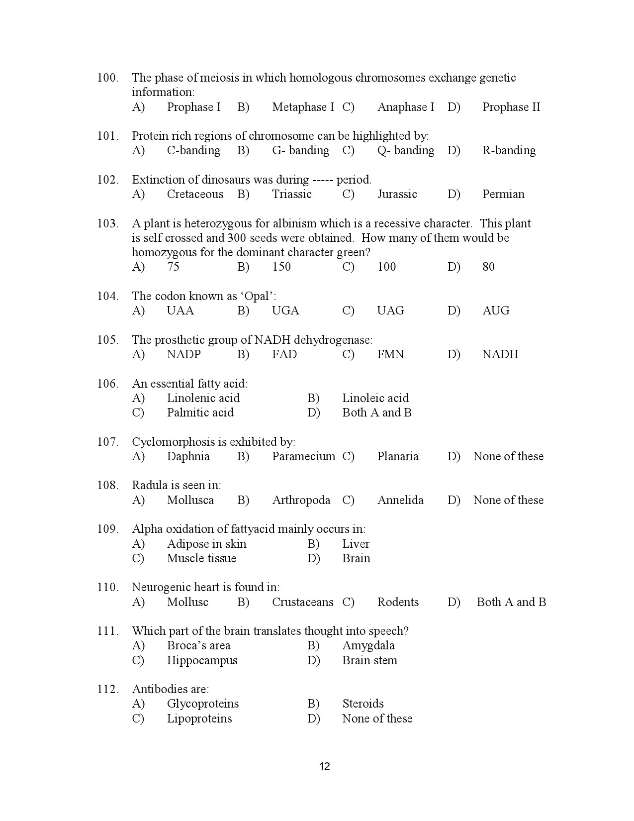 Kerala SET Zoology Exam Question Paper July 2023 12