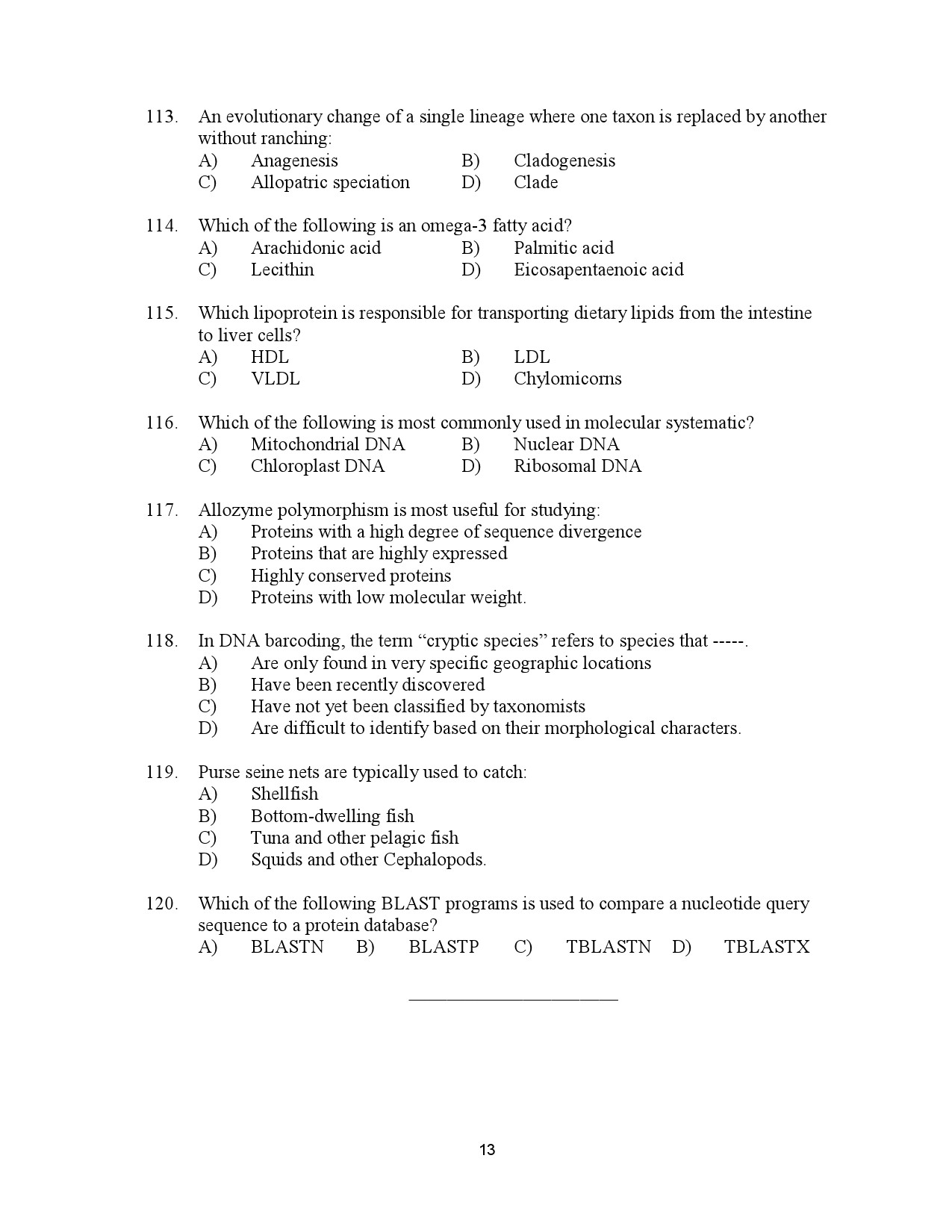 Kerala SET Zoology Exam Question Paper July 2023 13