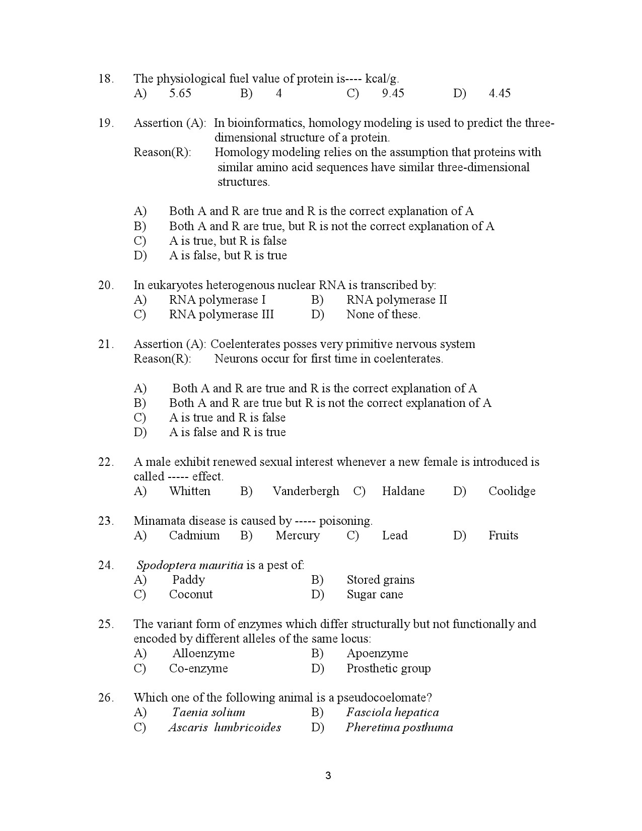 Kerala SET Zoology Exam Question Paper July 2023 3