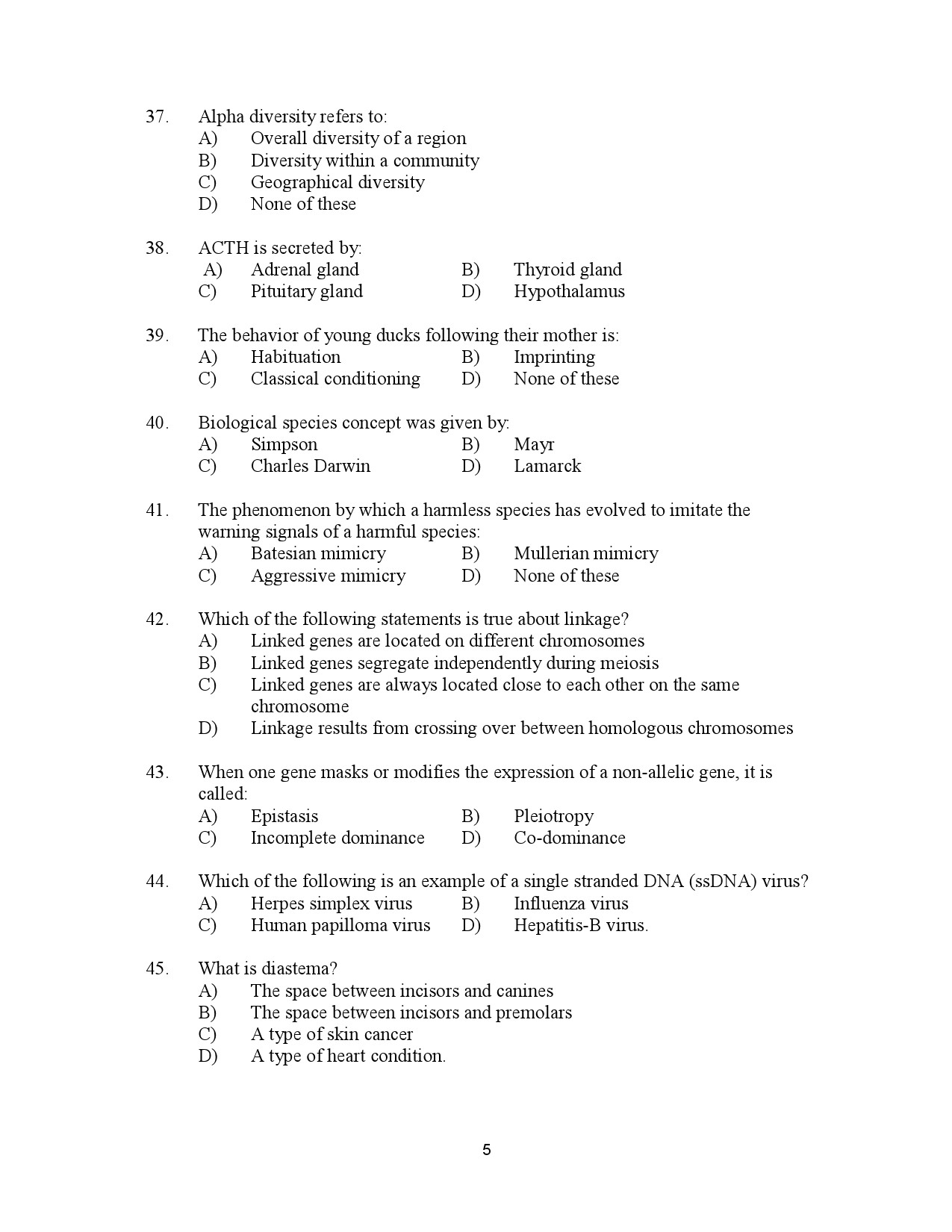 Kerala SET Zoology Exam Question Paper July 2023 5