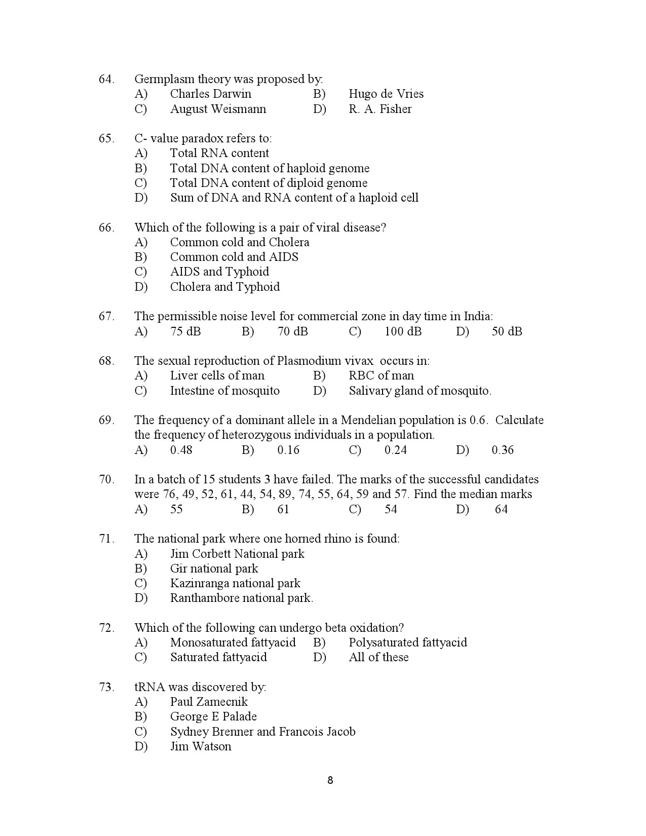 Kerala SET Zoology Exam Question Paper July 2023 8