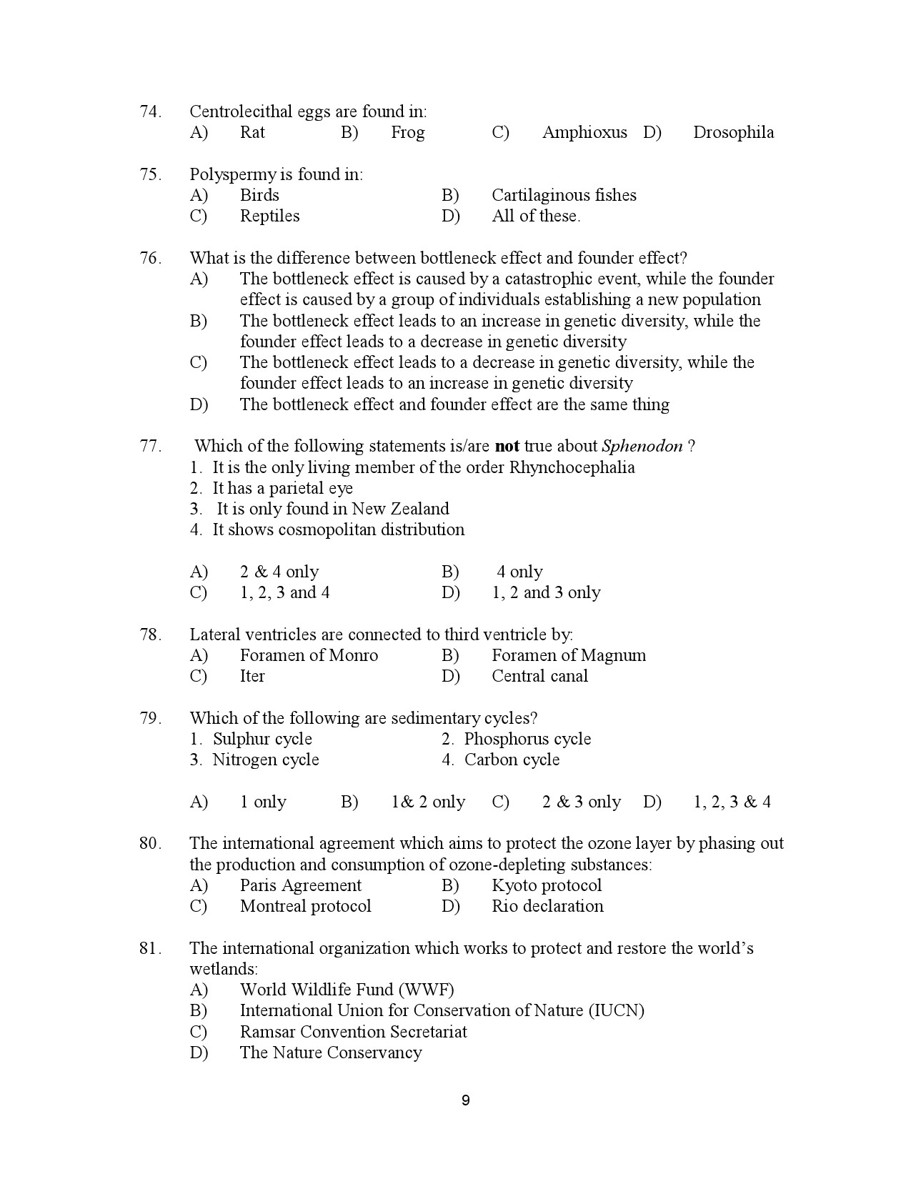 Kerala SET Zoology Exam Question Paper July 2023 9