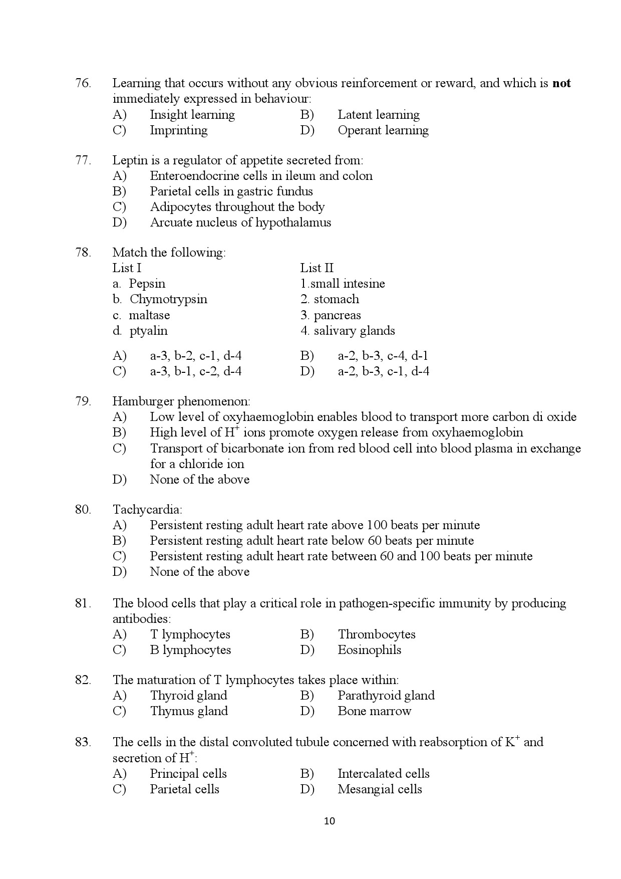 Kerala SET Zoology Exam Question Paper July 2024 10