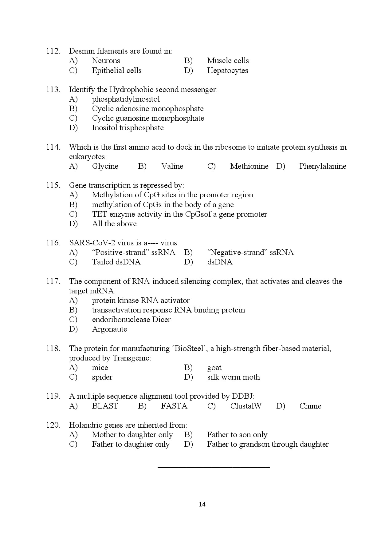 Kerala SET Zoology Exam Question Paper July 2024 14