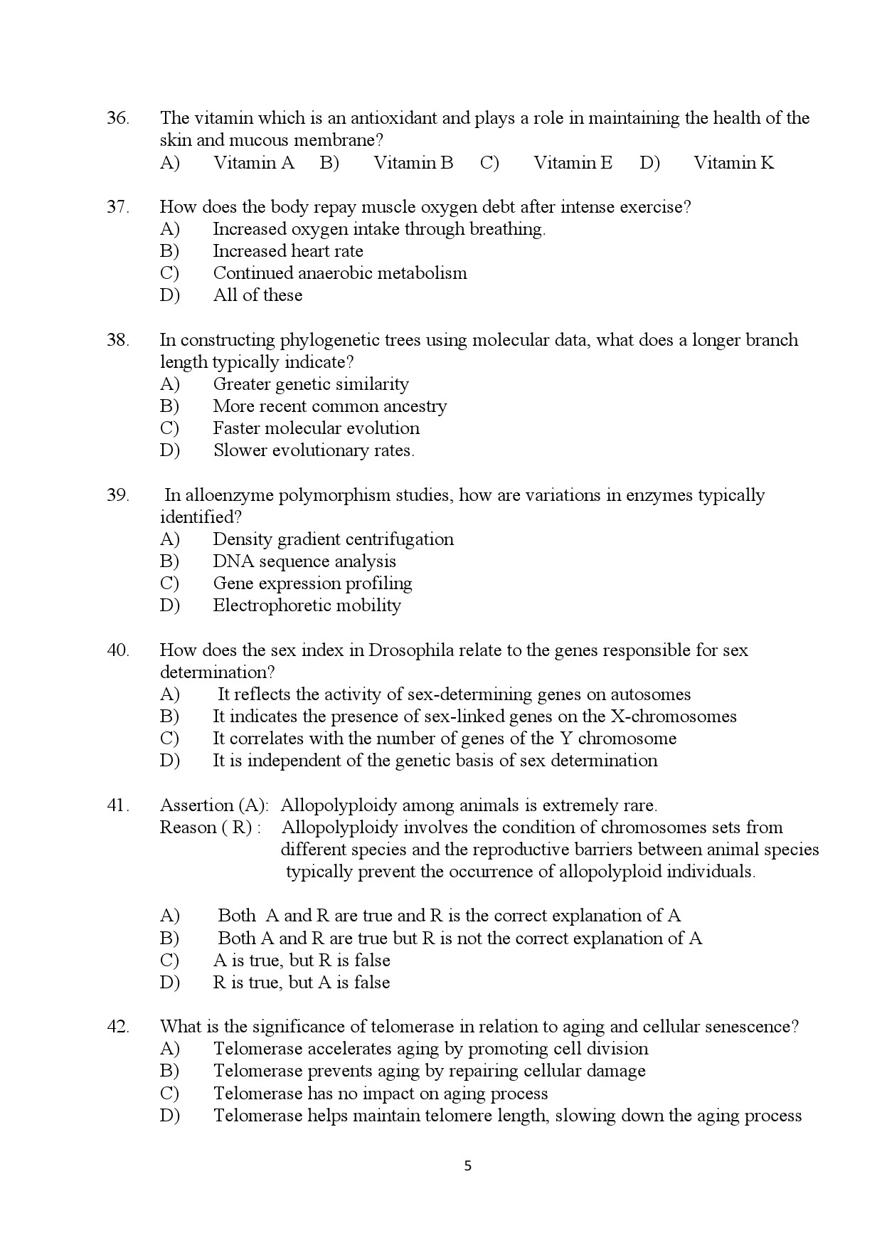 Kerala SET Zoology Exam Question Paper July 2024 5