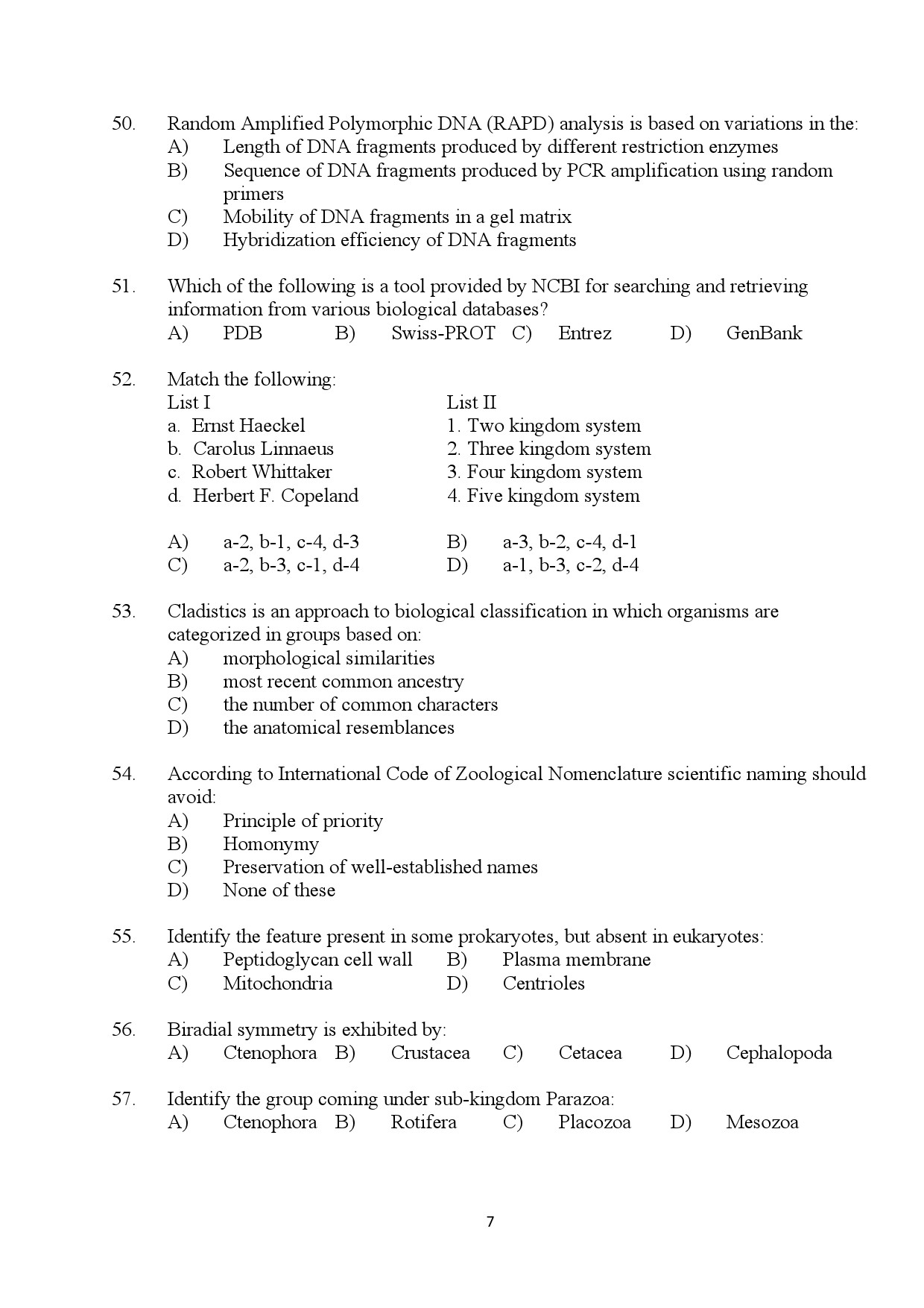 Kerala SET Zoology Exam Question Paper July 2024 7