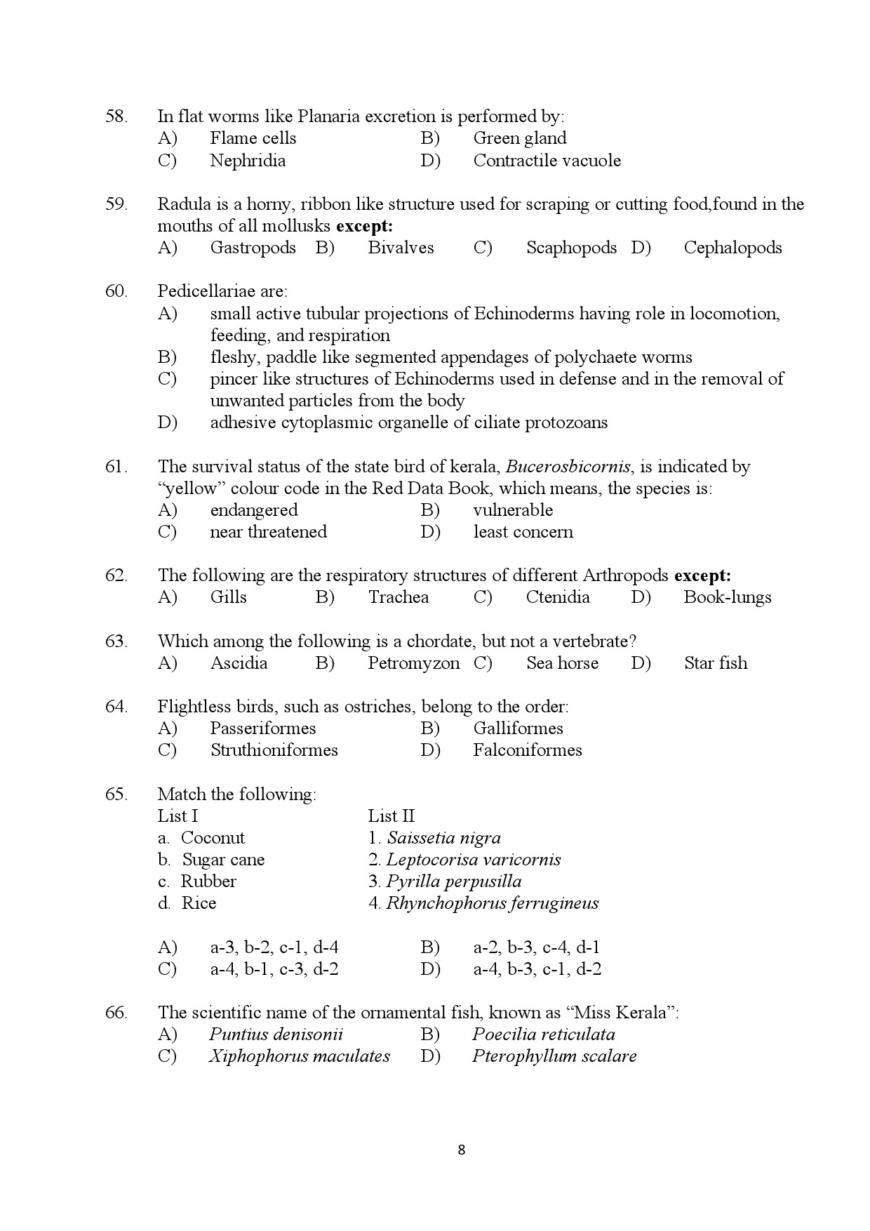 Kerala SET Zoology Exam Question Paper July 2024 8