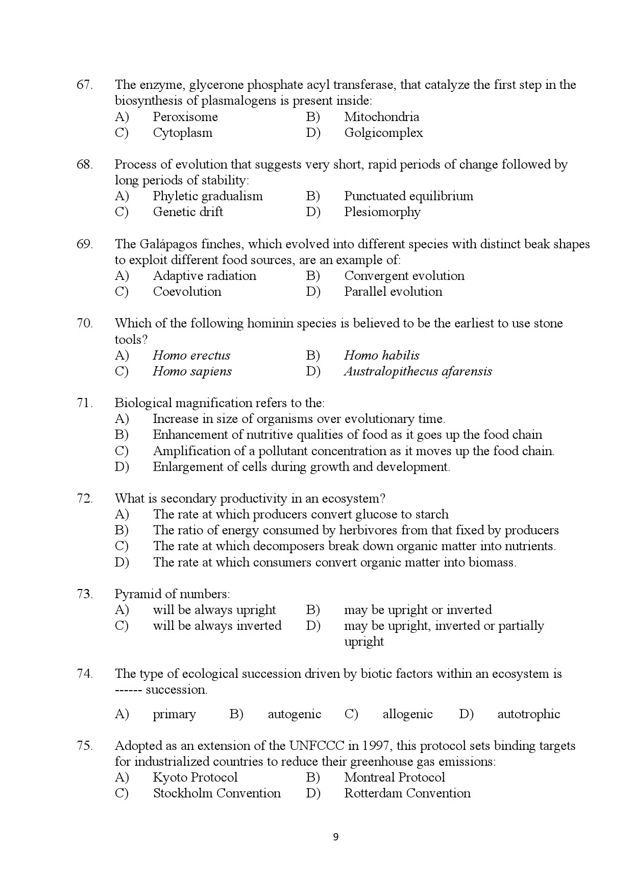 Kerala SET Zoology Exam Question Paper July 2024 9