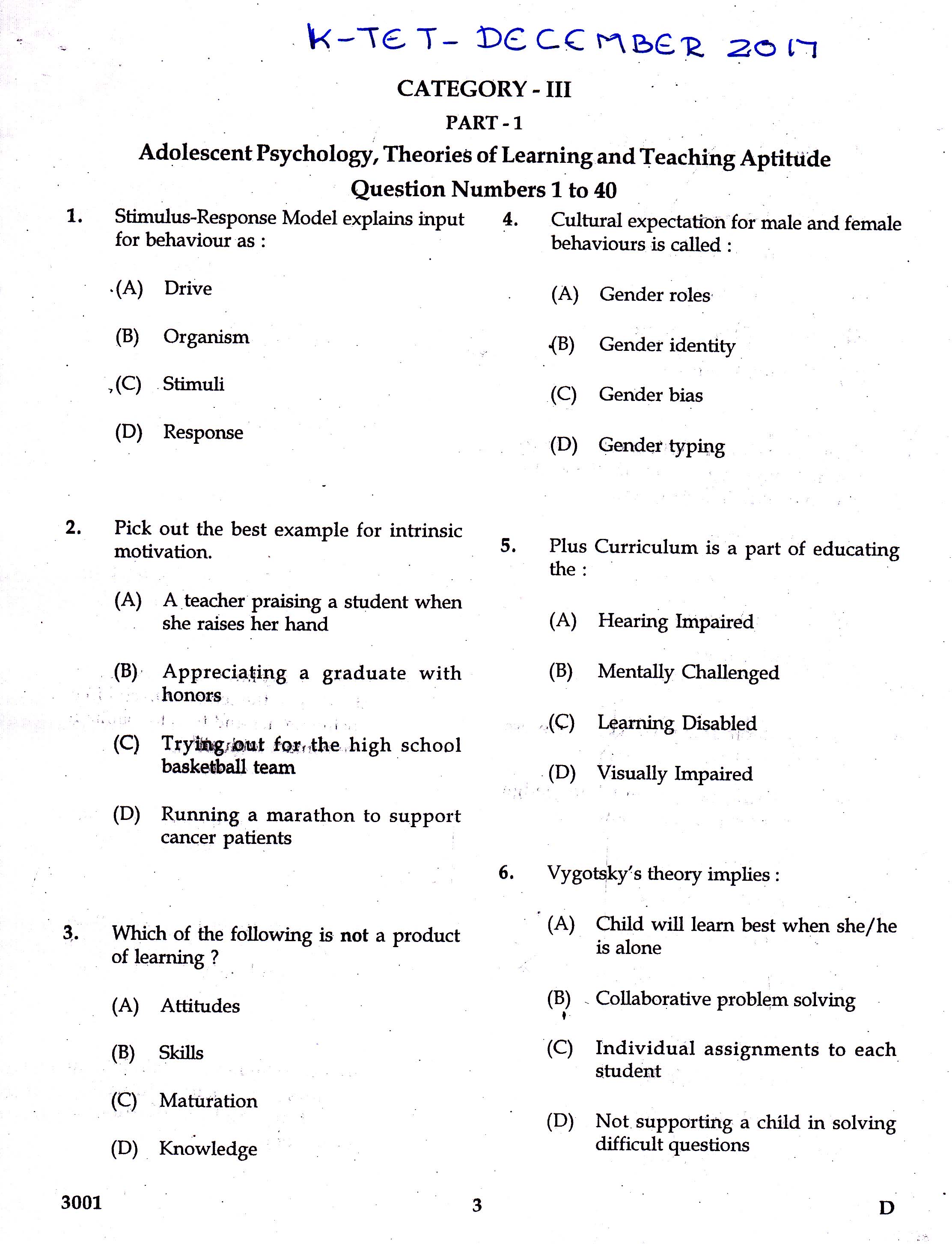 KTET Category III Part 1 Adolescent Psychology Question Paper with Answers 2017 1