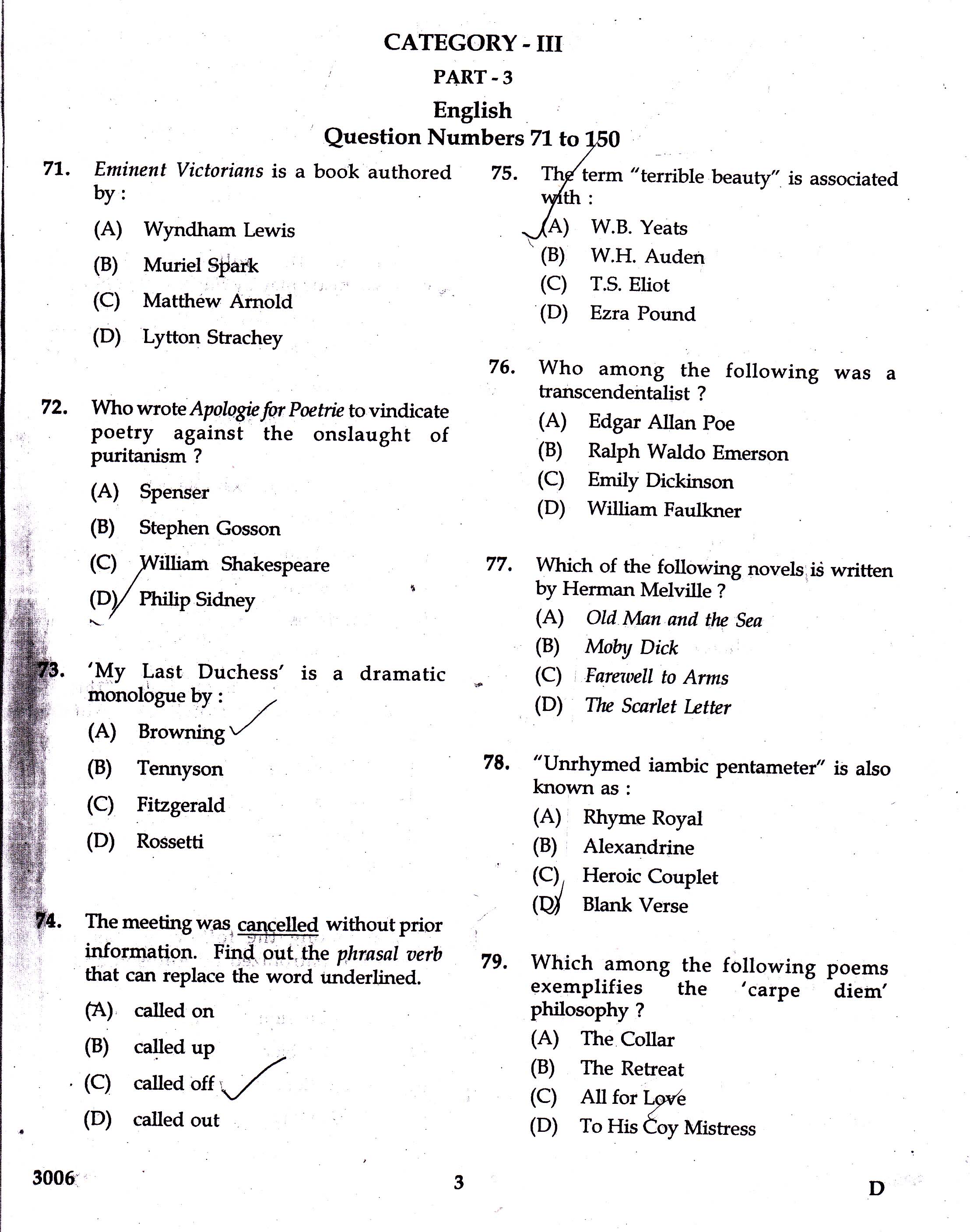 KTET Category III Part 3 English Question Paper with Answers 2017