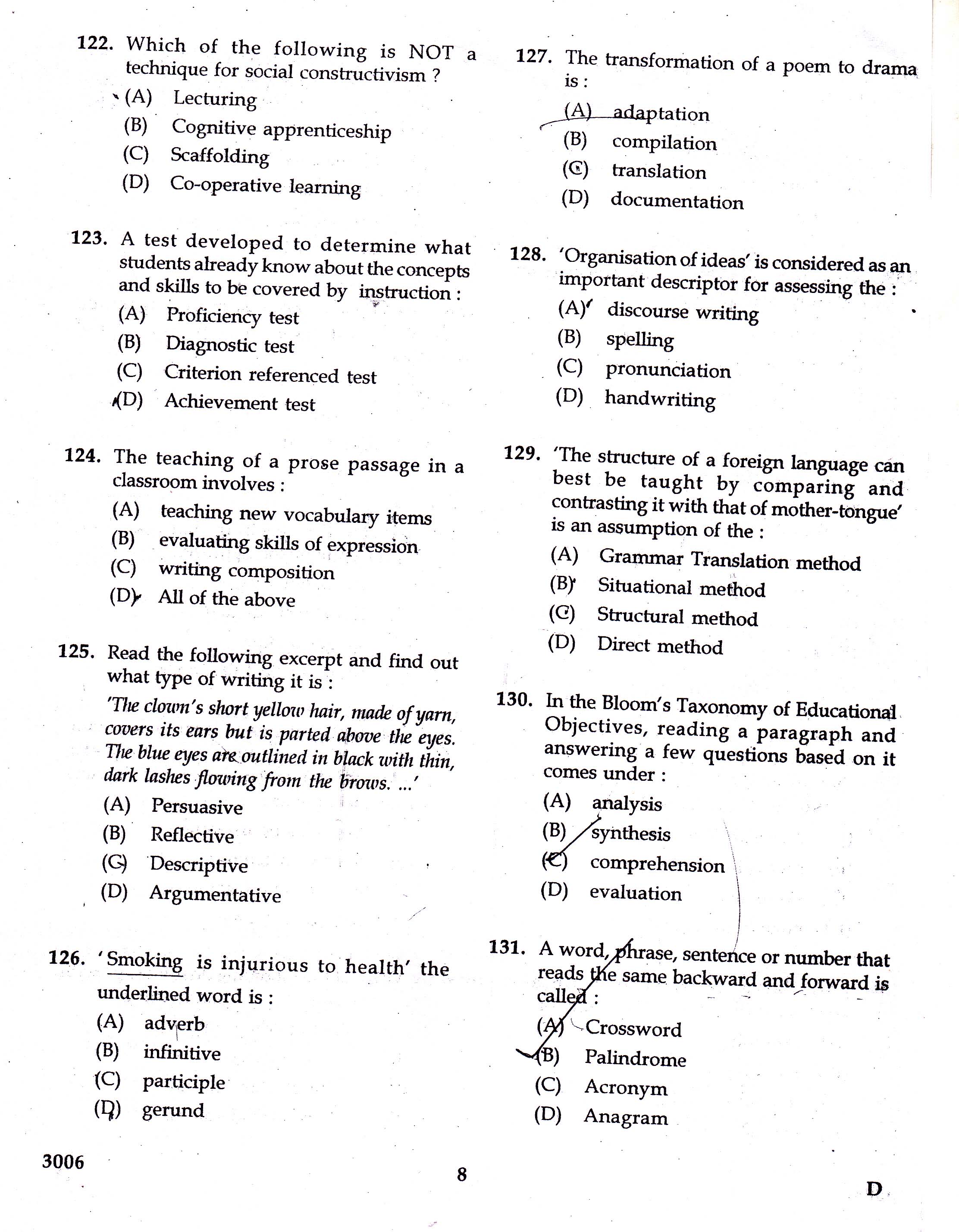 KTET Category III Part 3 English Question Paper with ...