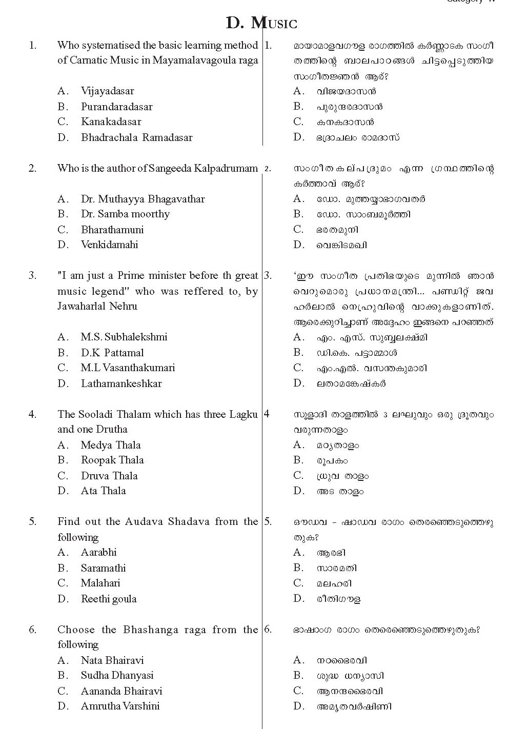 KTET Category IV Music Teacher Exam Sample Question Paper with Answers