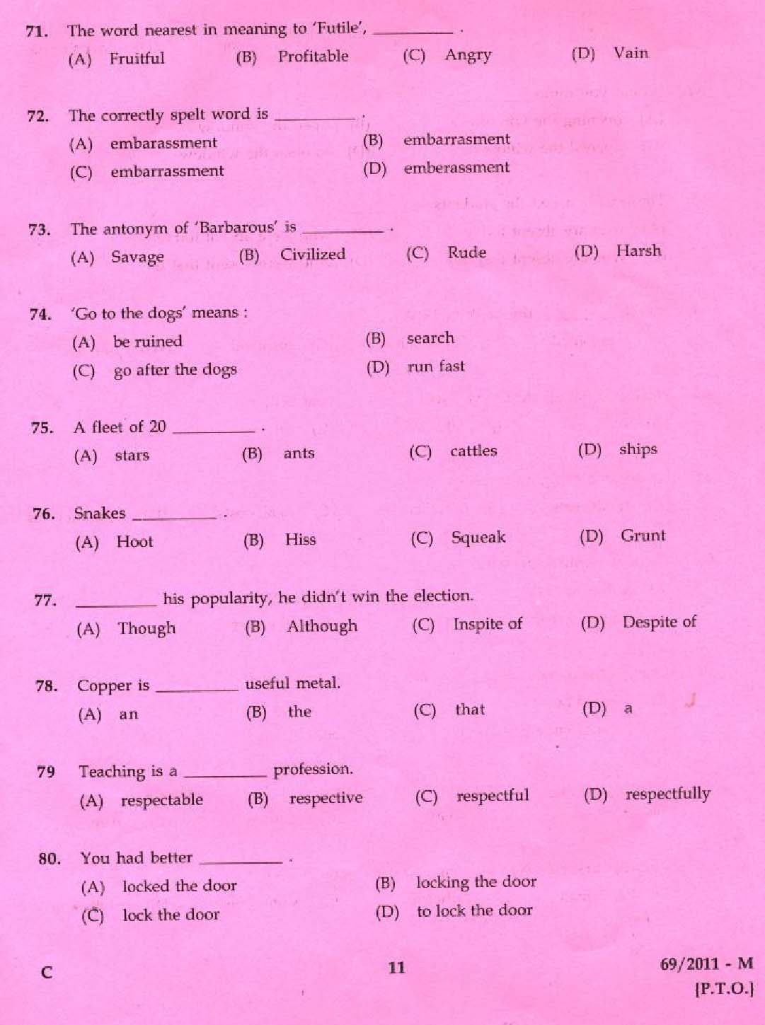 Kerala PSC LD Clerk Alappuzha District Exam Question Paper 2011 9