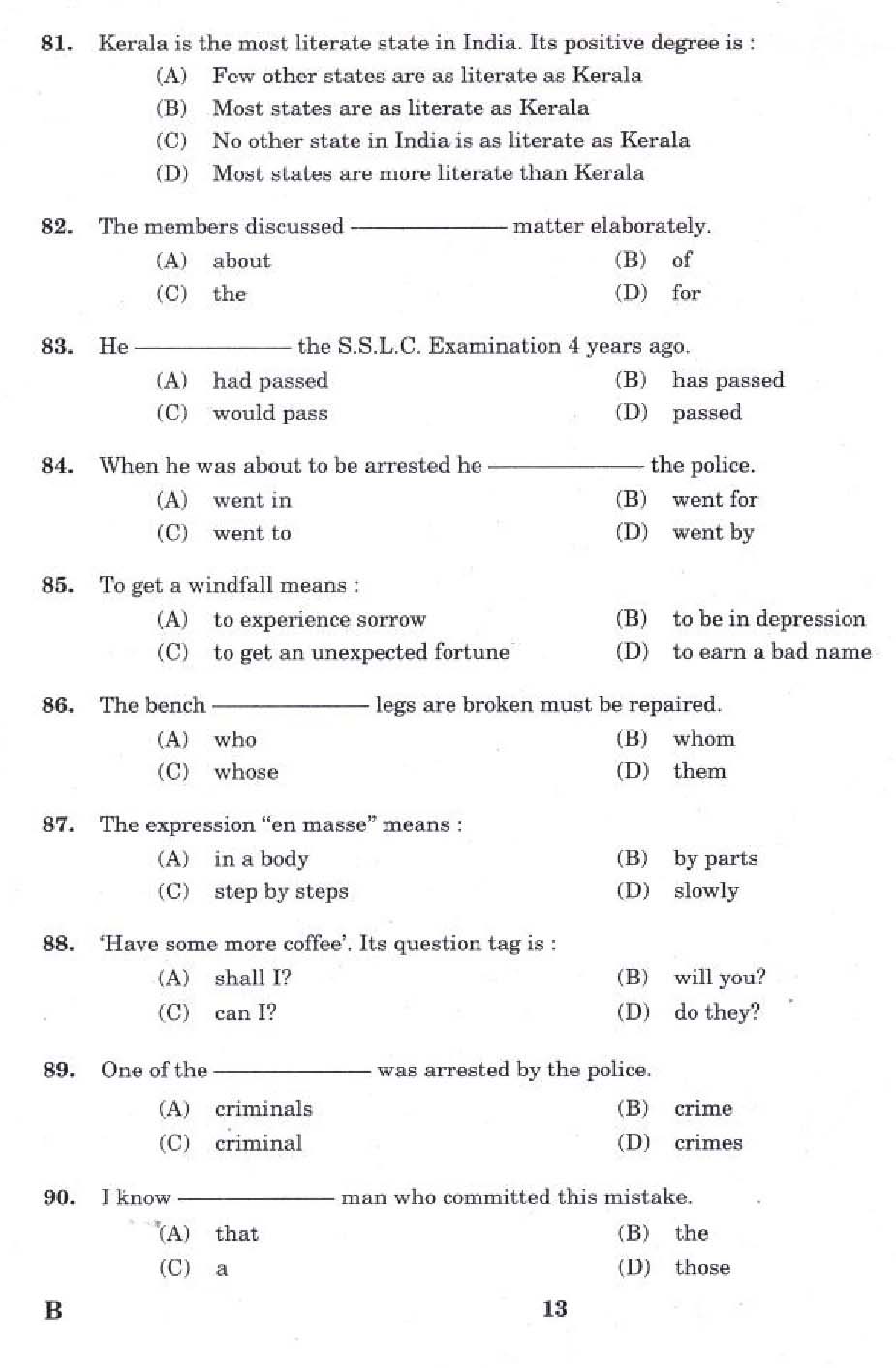 Kerala PSC LD Clerk Kannur District Exam Question Paper 2011 11