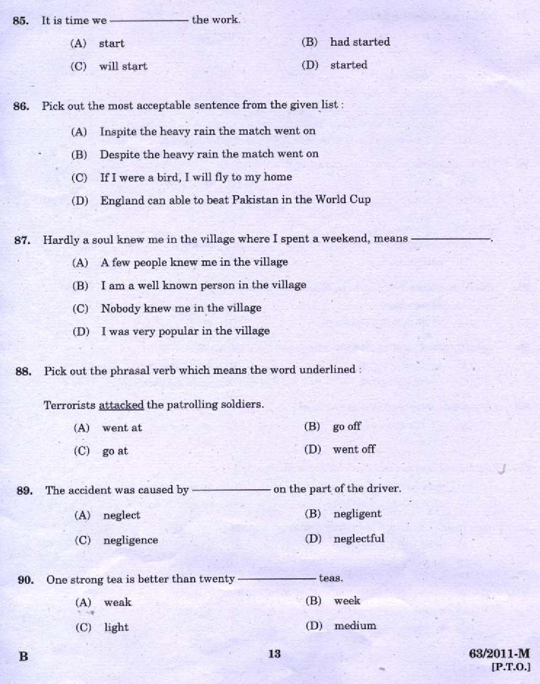 Kerala PSC LD Clerk Kottayam District Exam Question Paper 2011 11
