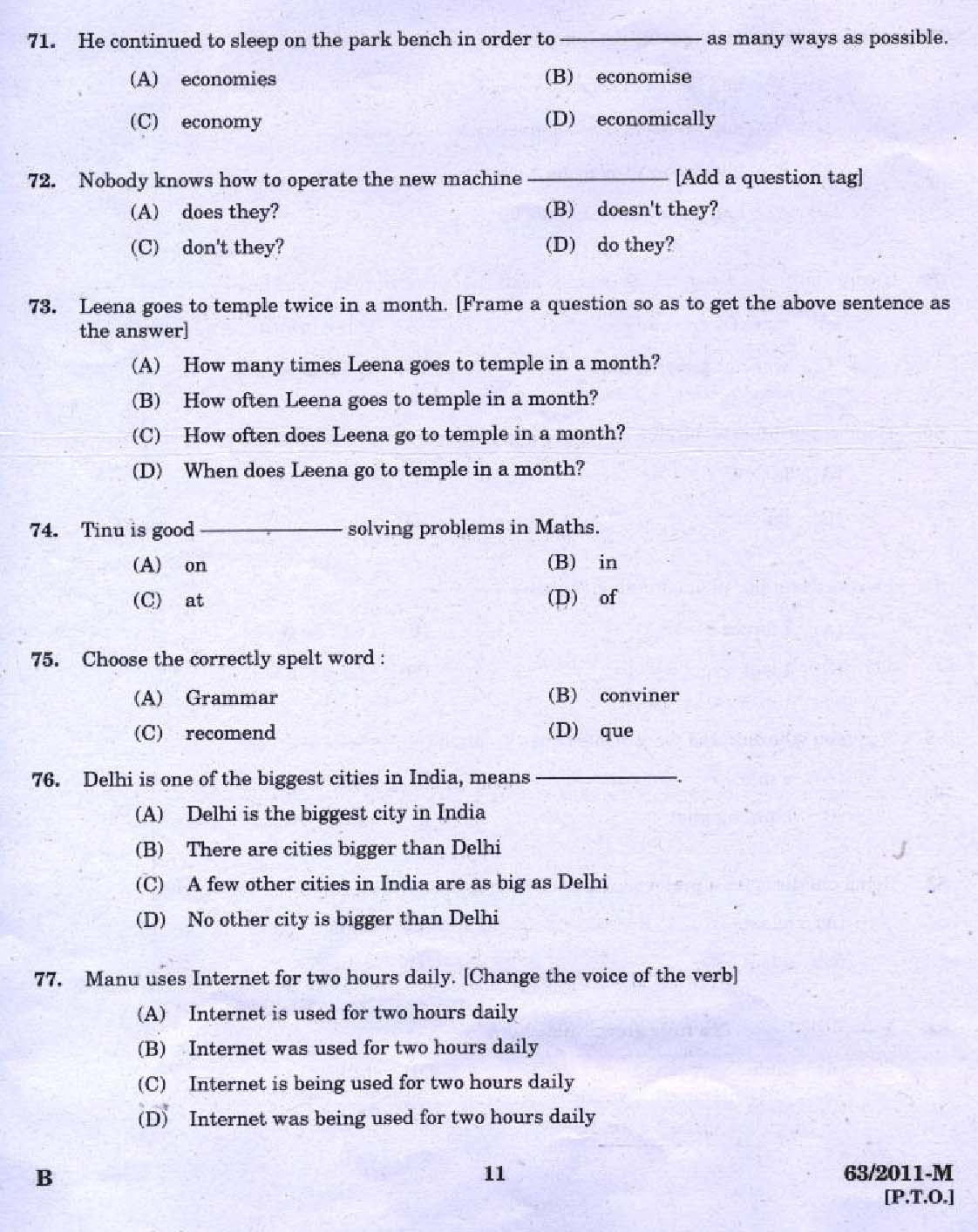 Kerala PSC LD Clerk Kottayam District Exam Question Paper 2011 9