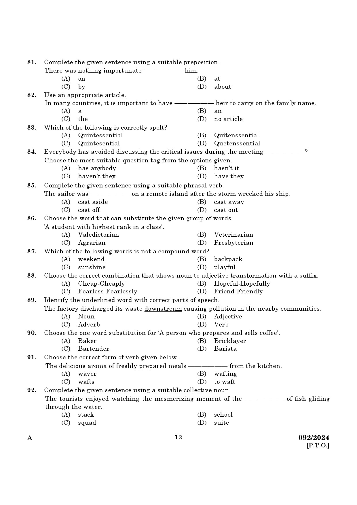 KPSC Clerk Kannada and Malayalam Knowing Exam 2024 Code 0922024 K 11