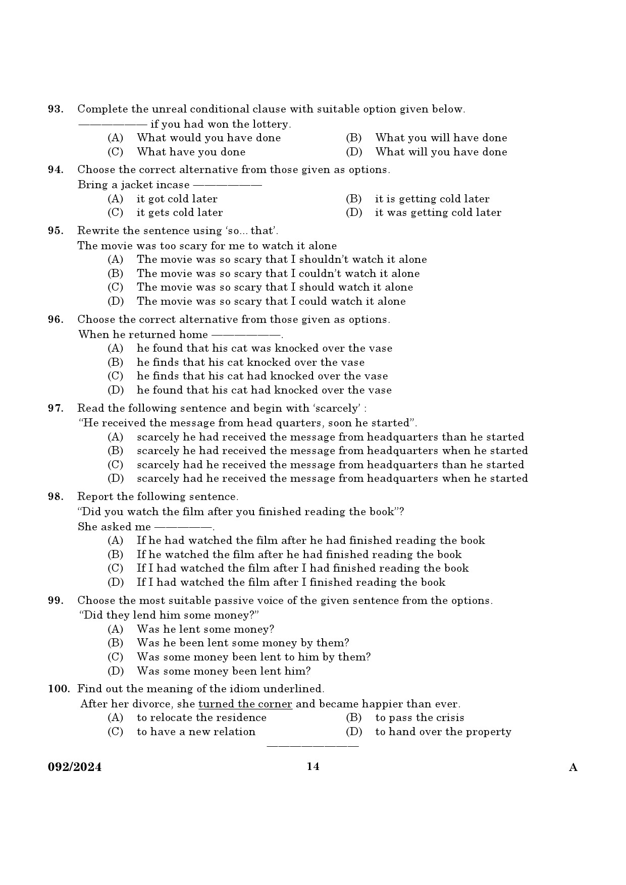 KPSC Clerk Kannada and Malayalam Knowing Exam 2024 Code 0922024 K 12