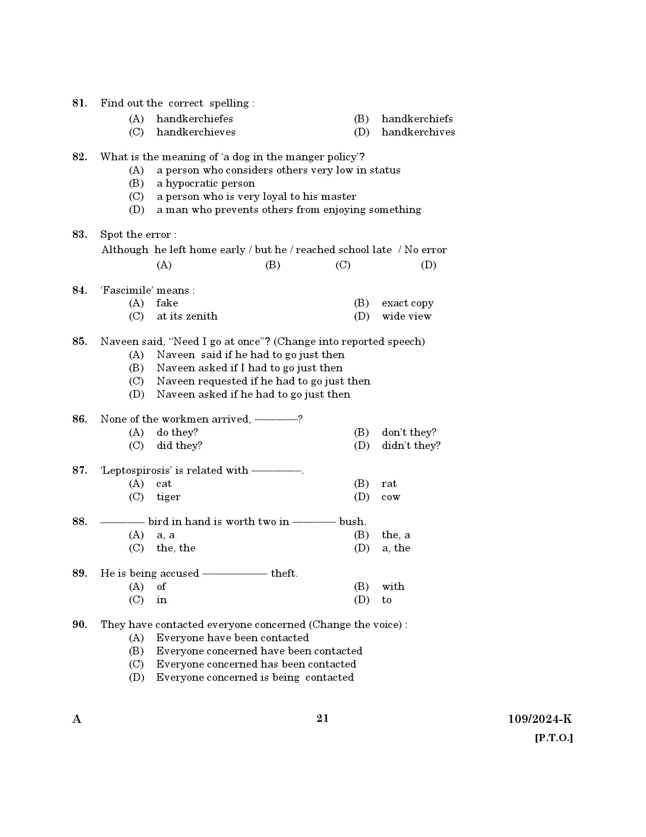 KPSC Clerk Various Kannada Exam 2024 Code 109 2024 K 19