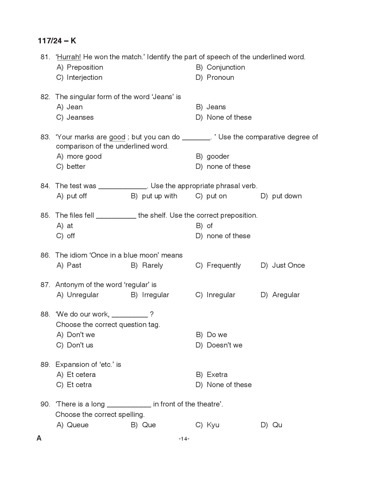 KPSC Clerk Various Kannada Exam 2024 Code 117 2024 K 13