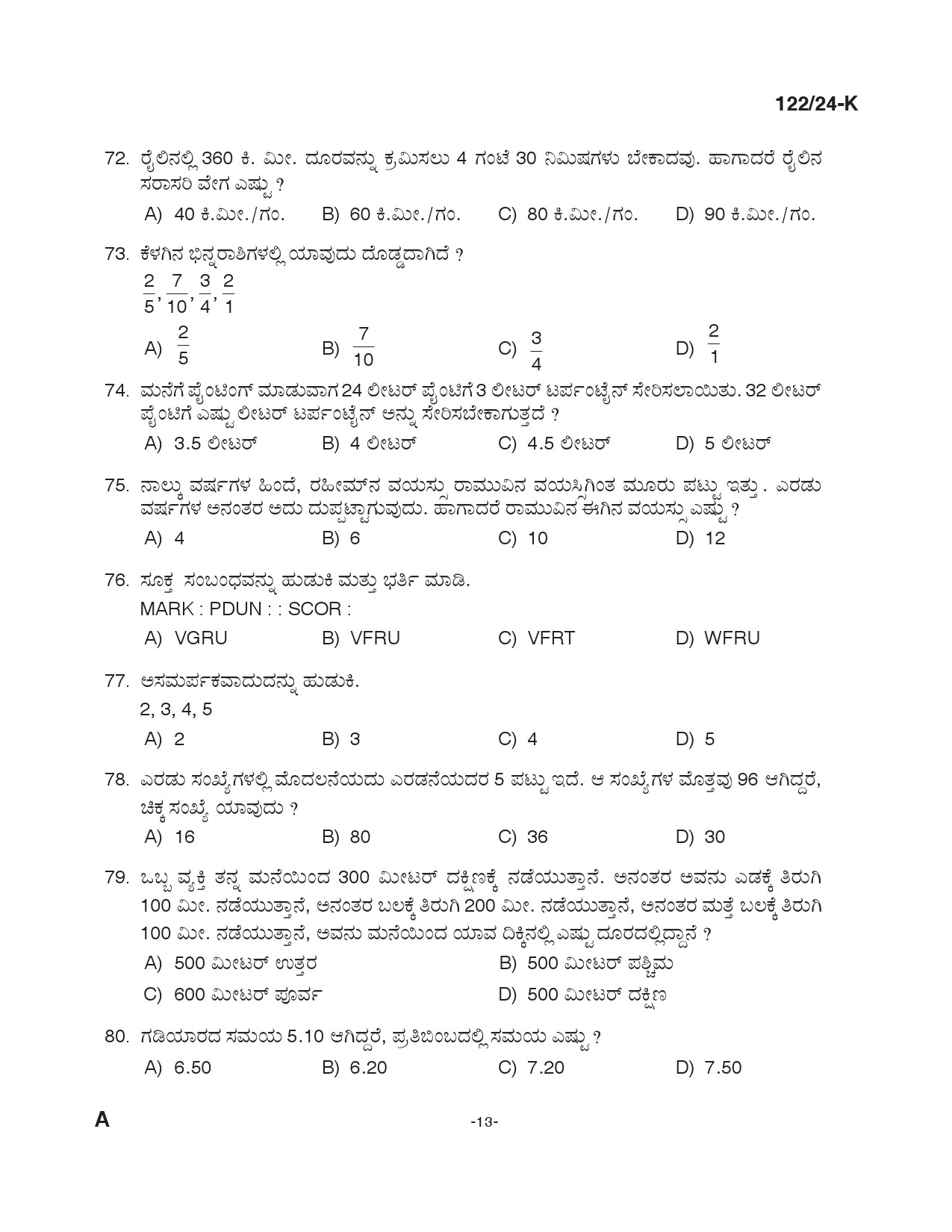 KPSC Clerk Various Kannada Exam 2024 Code 122 2024 K 12