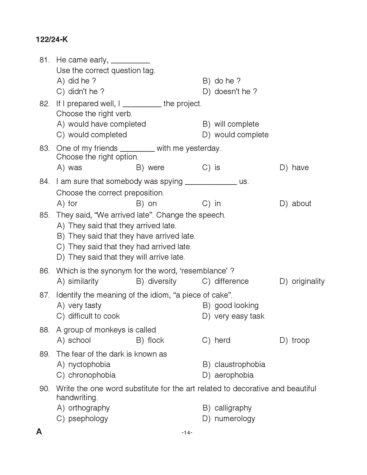 KPSC Clerk Various Kannada Exam 2024 Code 122 2024 K 13