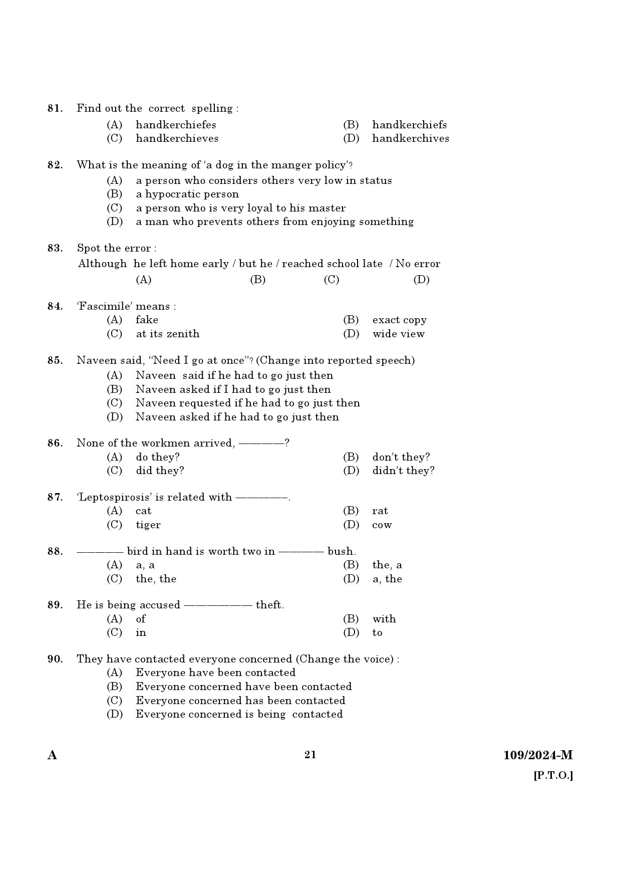 KPSC Clerk Various Malayalam Exam 2024 Code 109 2024 M 19