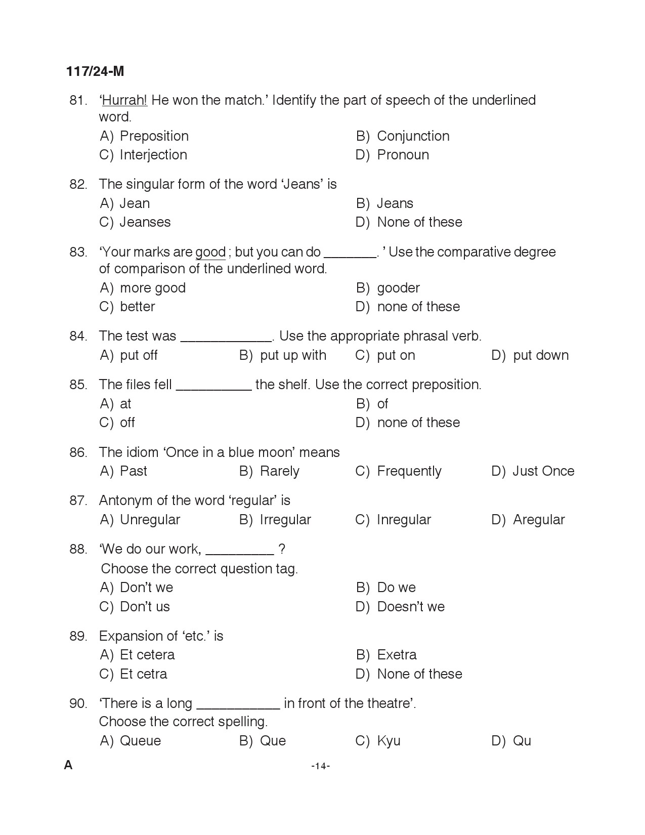 KPSC Clerk Various Malayalam Exam 2024 Code 117 2024 M 13