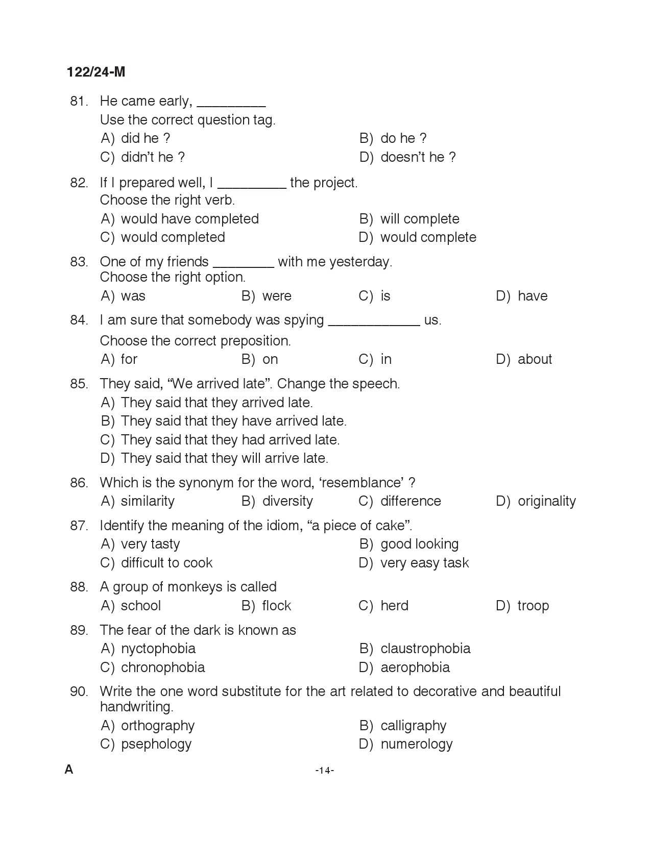 KPSC Clerk Various Malayalam Exam 2024 Code 122 2024 M 13