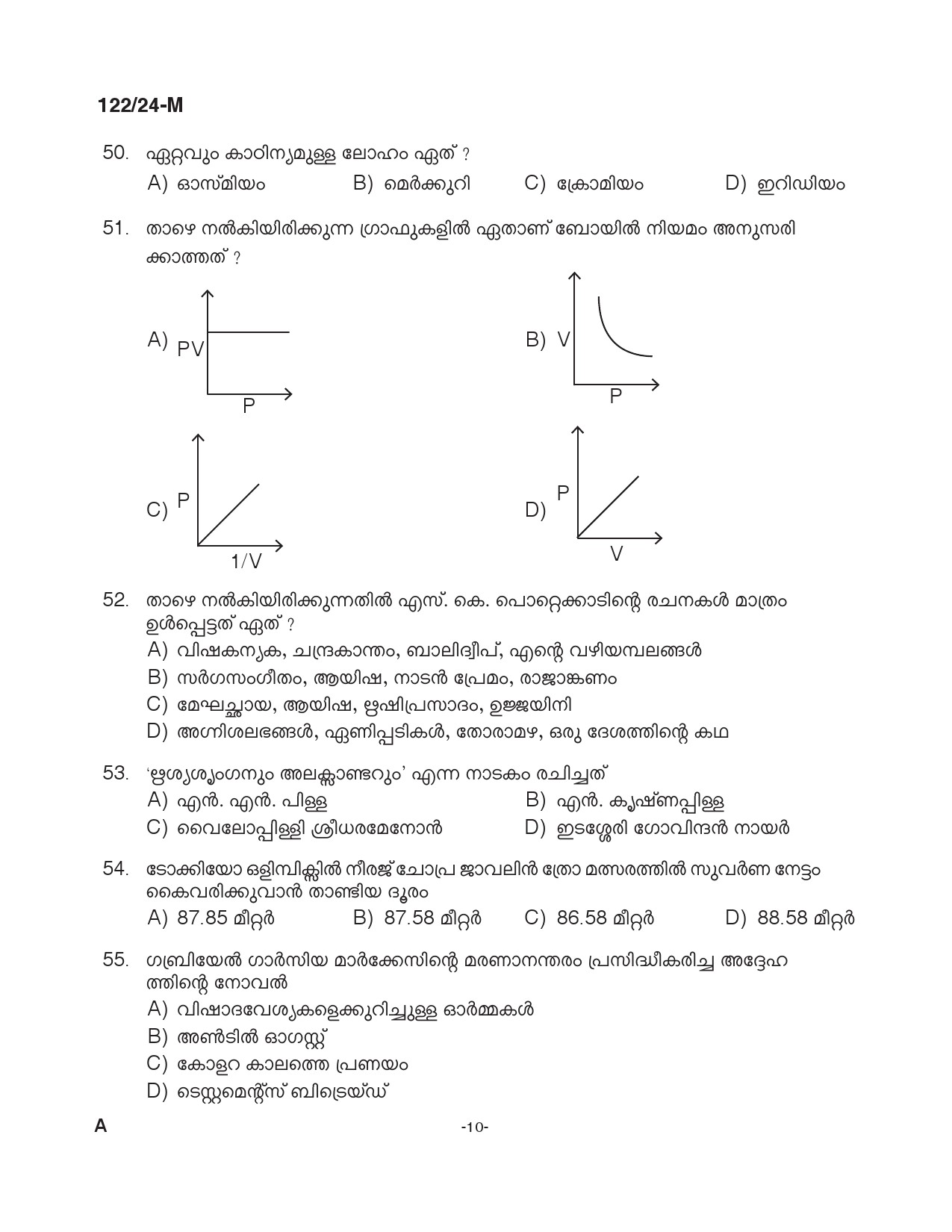 KPSC Clerk Various Malayalam Exam 2024 Code 122 2024 M 9