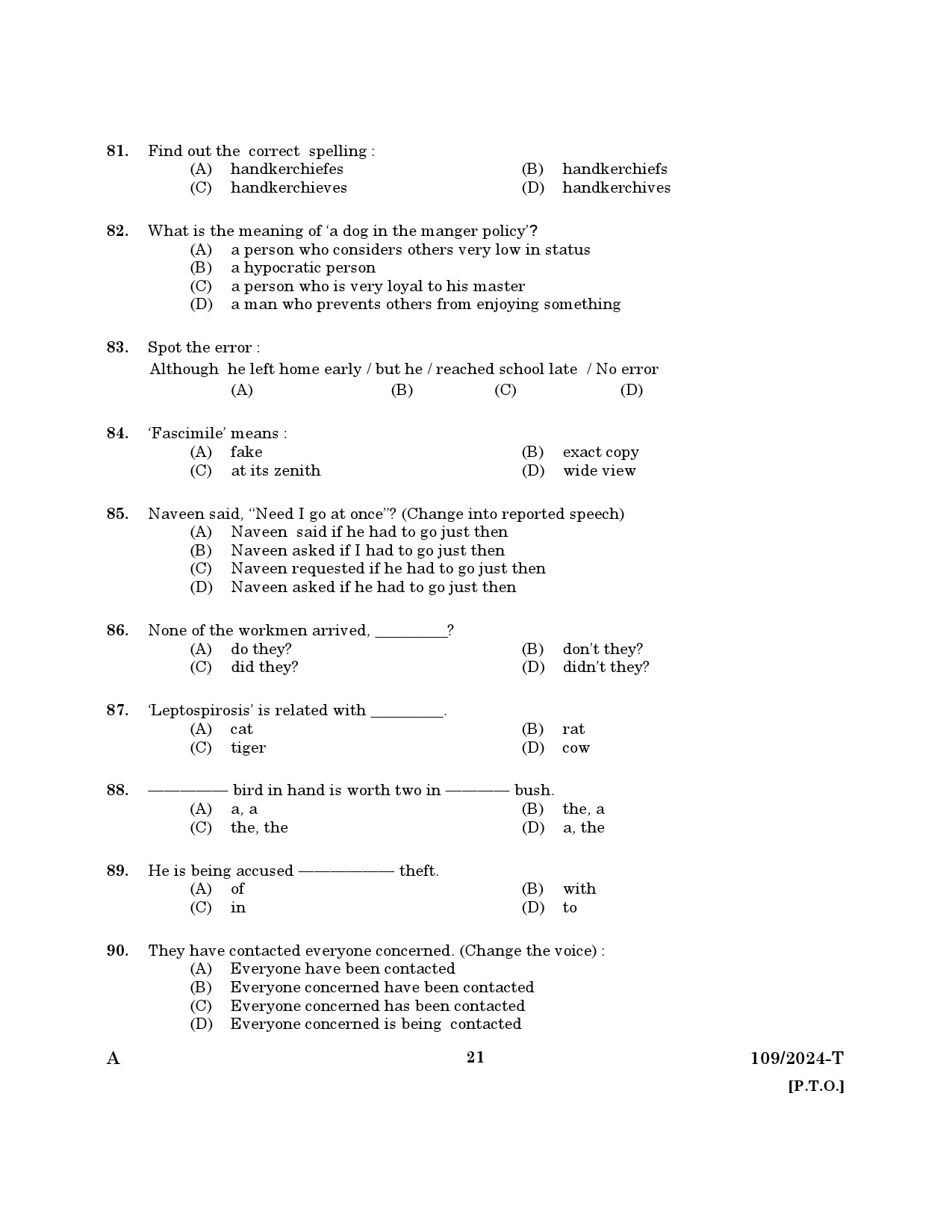 KPSC Clerk Various Tamil Exam 2024 Code 109 2024 T 19