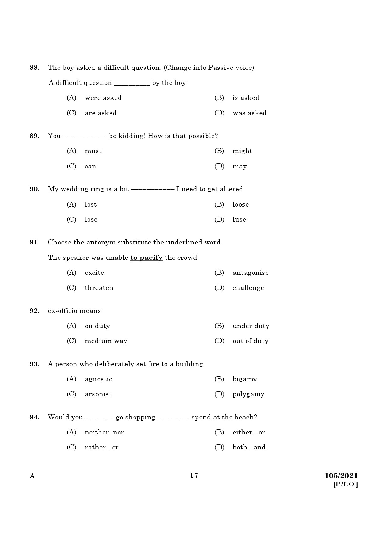 KPSC LD Clerk Preliminary Examination Exam 2021 Code 1052021 15