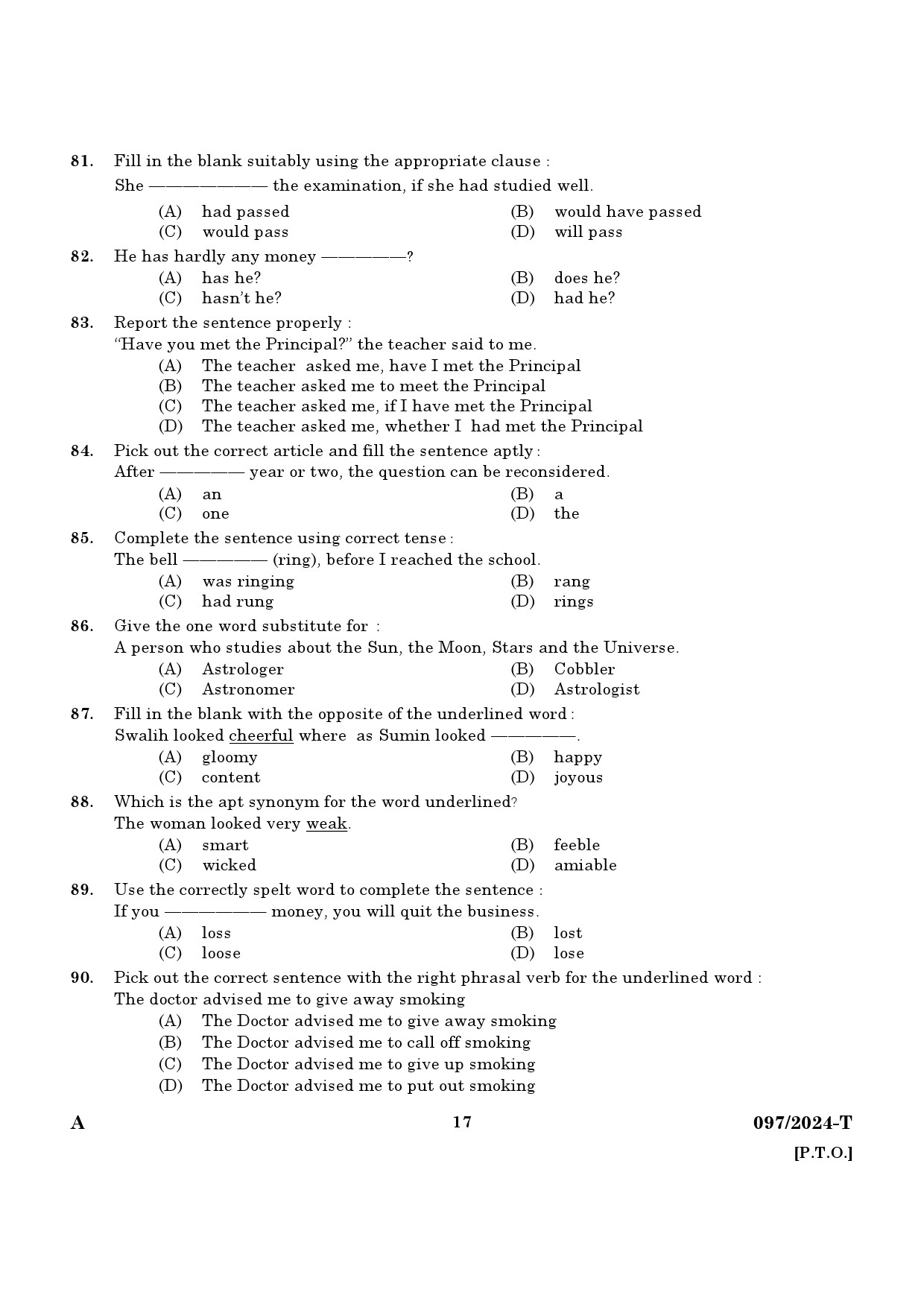 KPSC LD Clerk Tamil Exam 2024 Code 097 2024 T 15