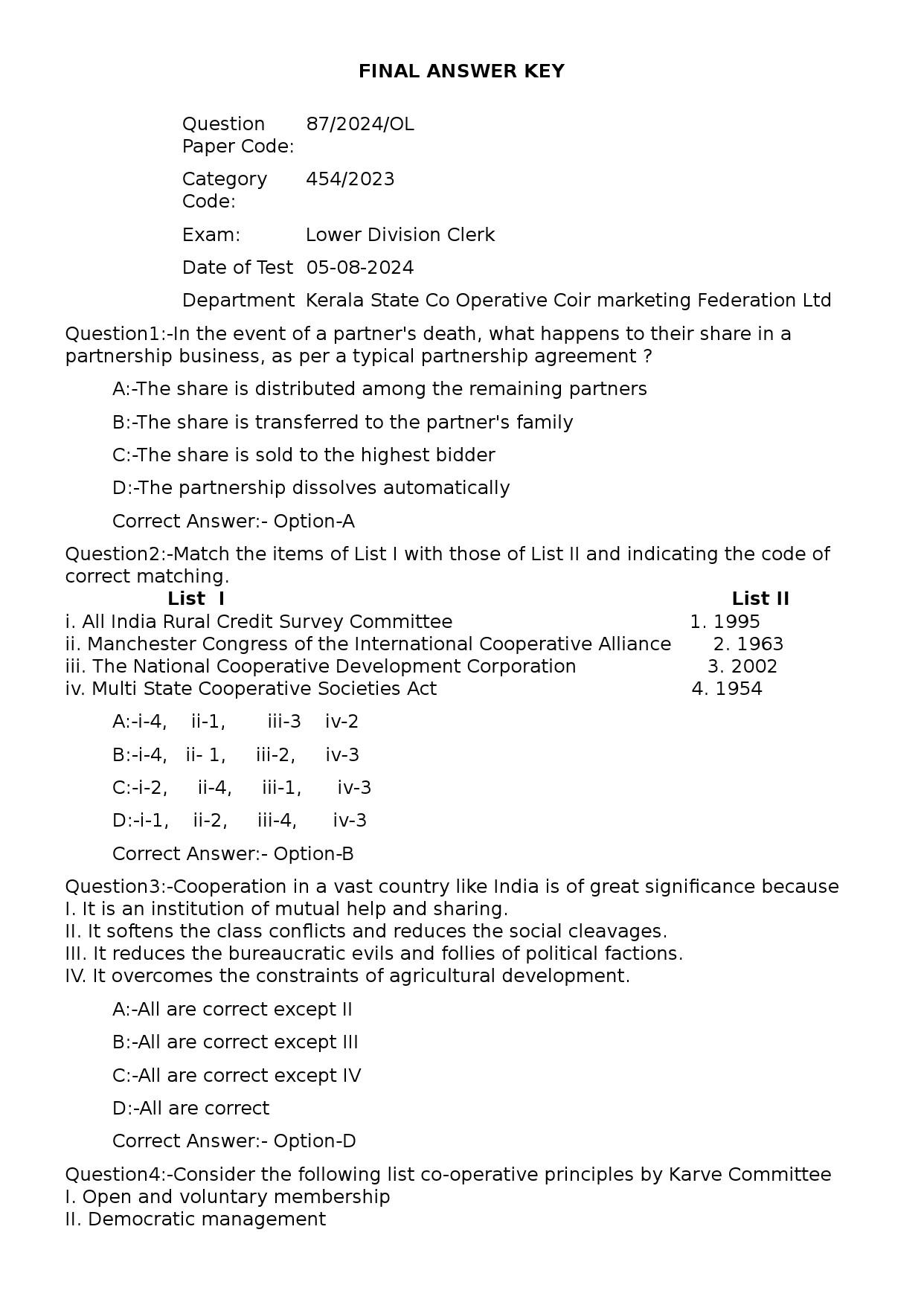 KPSC Lower Division Clerk Exam 2024 Code 872024OL 1