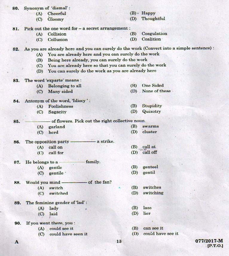 LD Clerk Various Question Paper 2017 Malayalam Paper Code 0772017 M 11