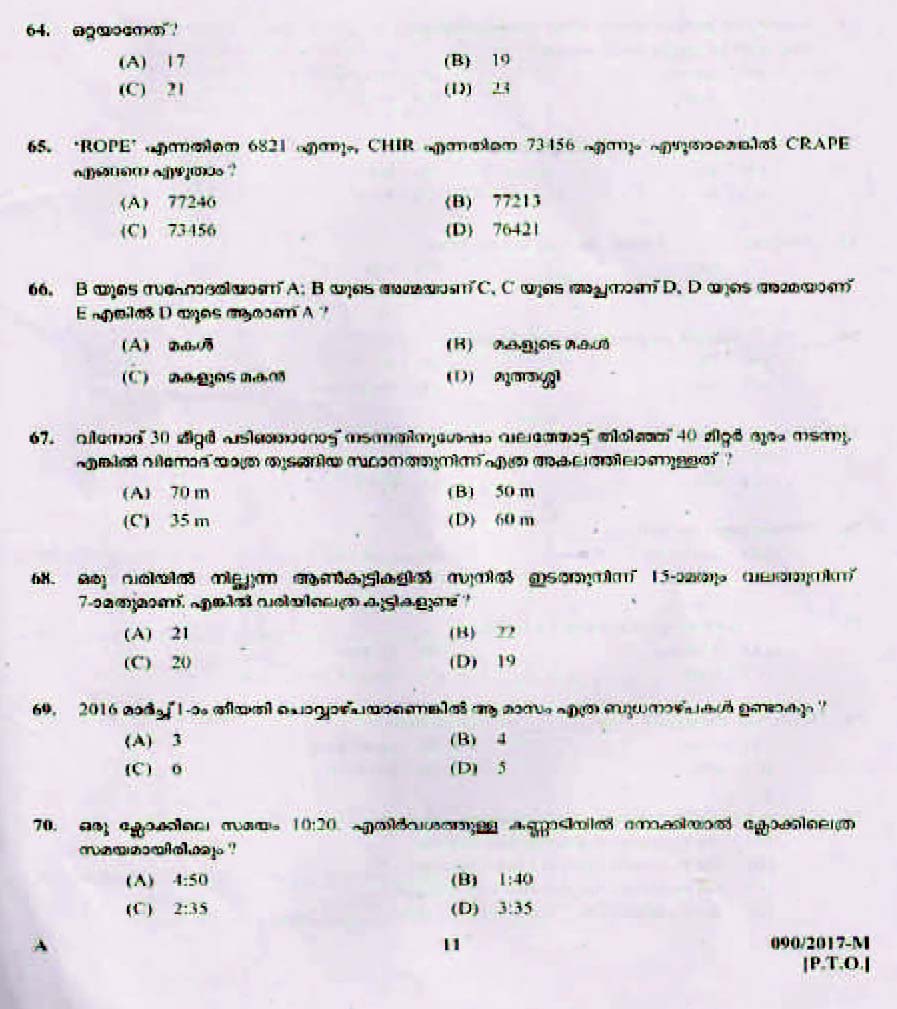LD Clerk Various Question Paper 2017 Malayalam Paper Code 0902017 M 10