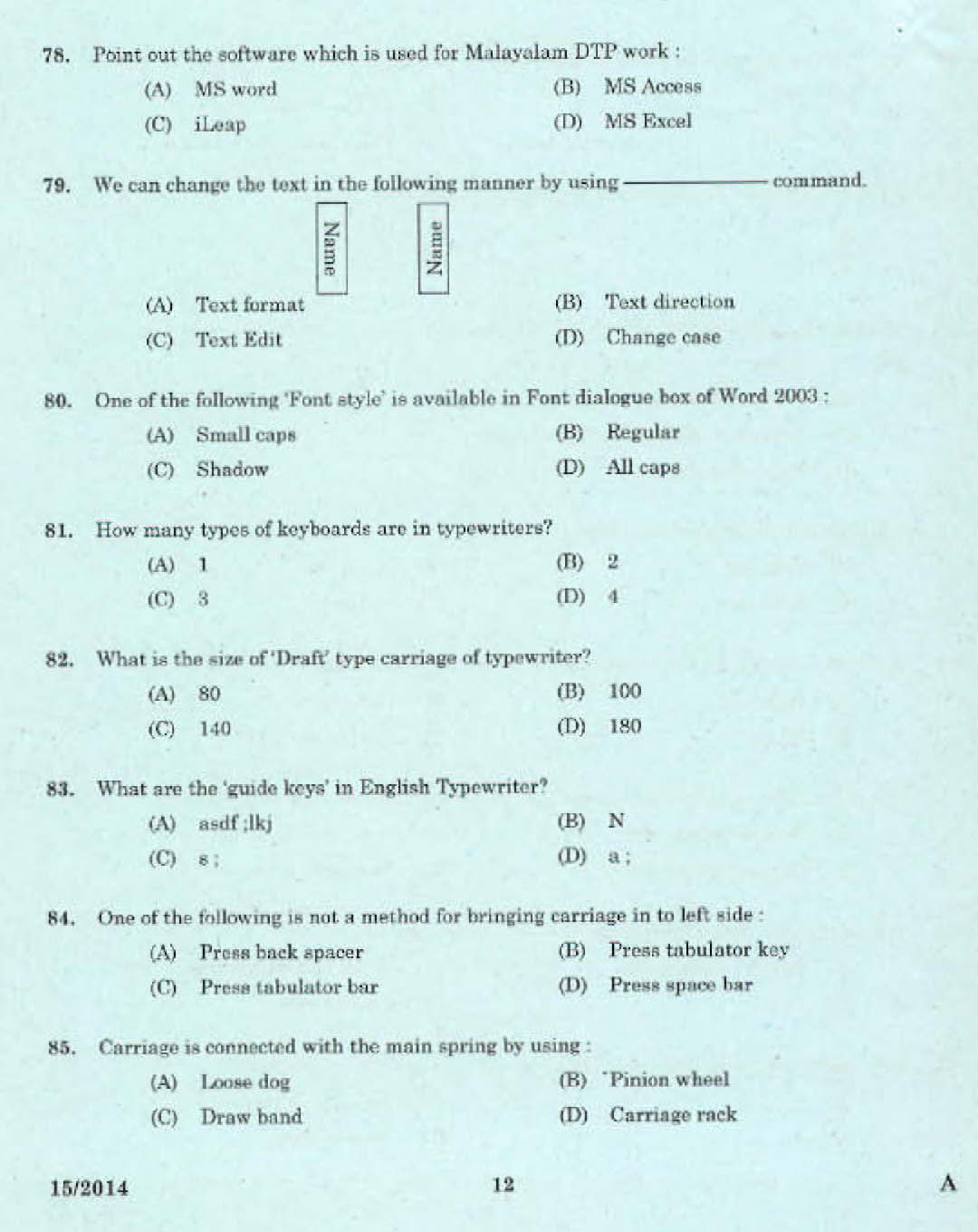 Kerala LD Typist Exam 2014 Question Paper Code 152014 10