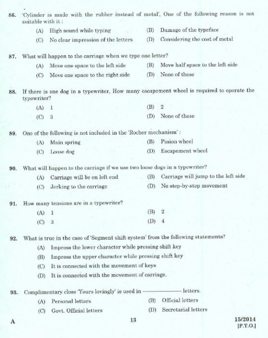 Kerala LD Typist Exam 2014 Question Paper Code 152014 11