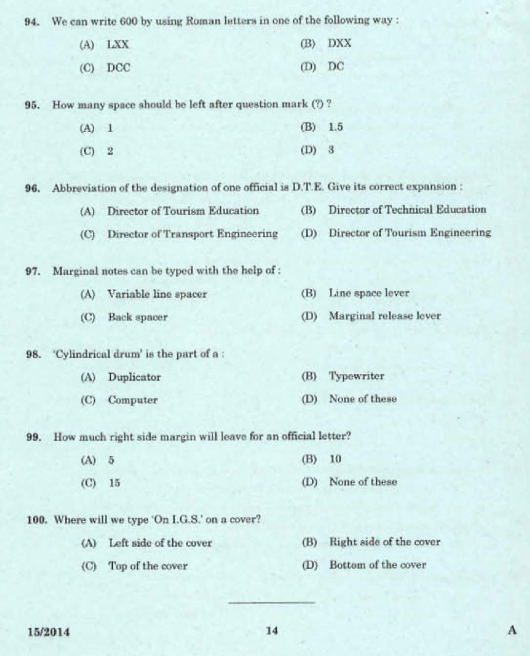 Kerala LD Typist Exam 2014 Question Paper Code 152014 12