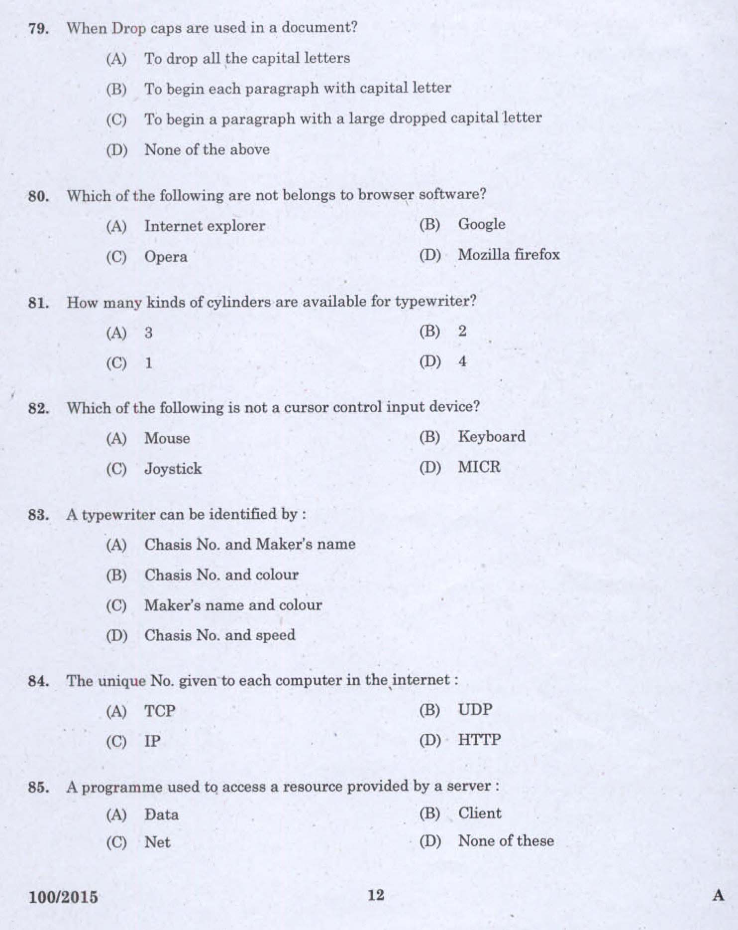 Kerala LD Typist Exam 2015 Question Paper Code 1002015 10