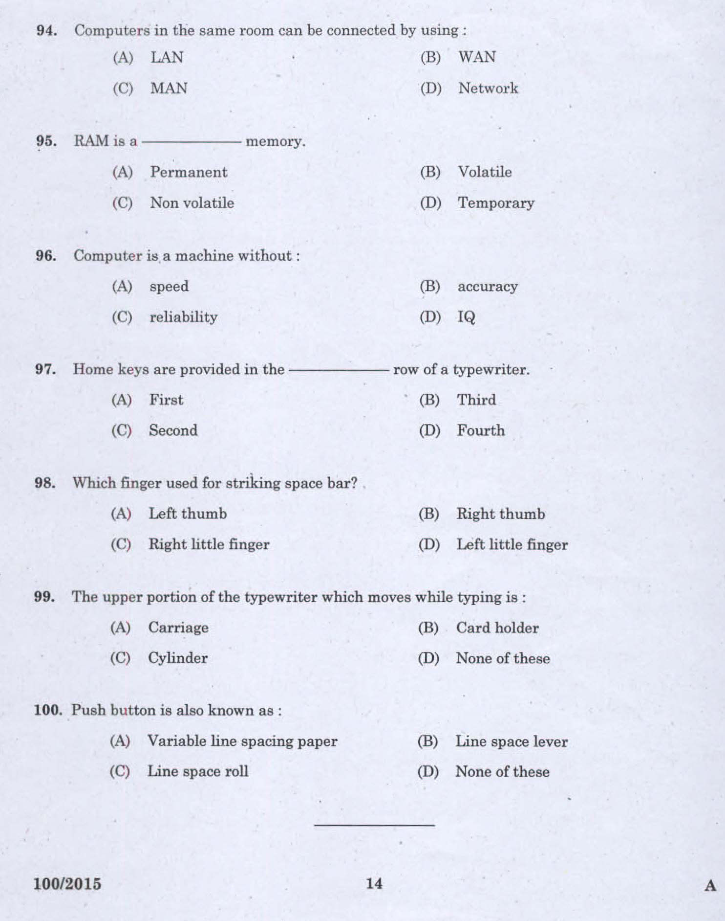 Kerala LD Typist Exam 2015 Question Paper Code 1002015 12